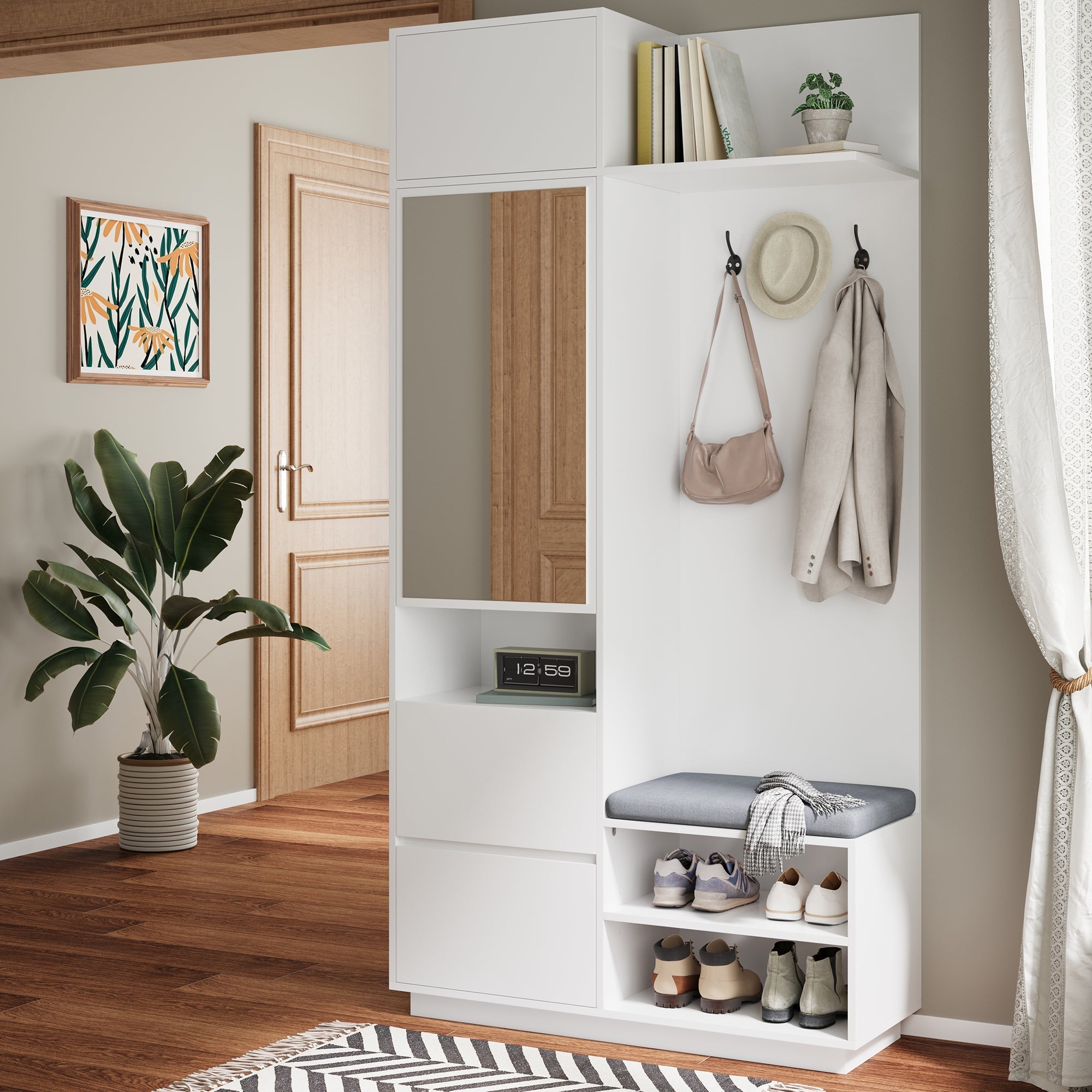 Compact Wardrobe with Mirror, Bench & Shoe Cabinet, White MDF