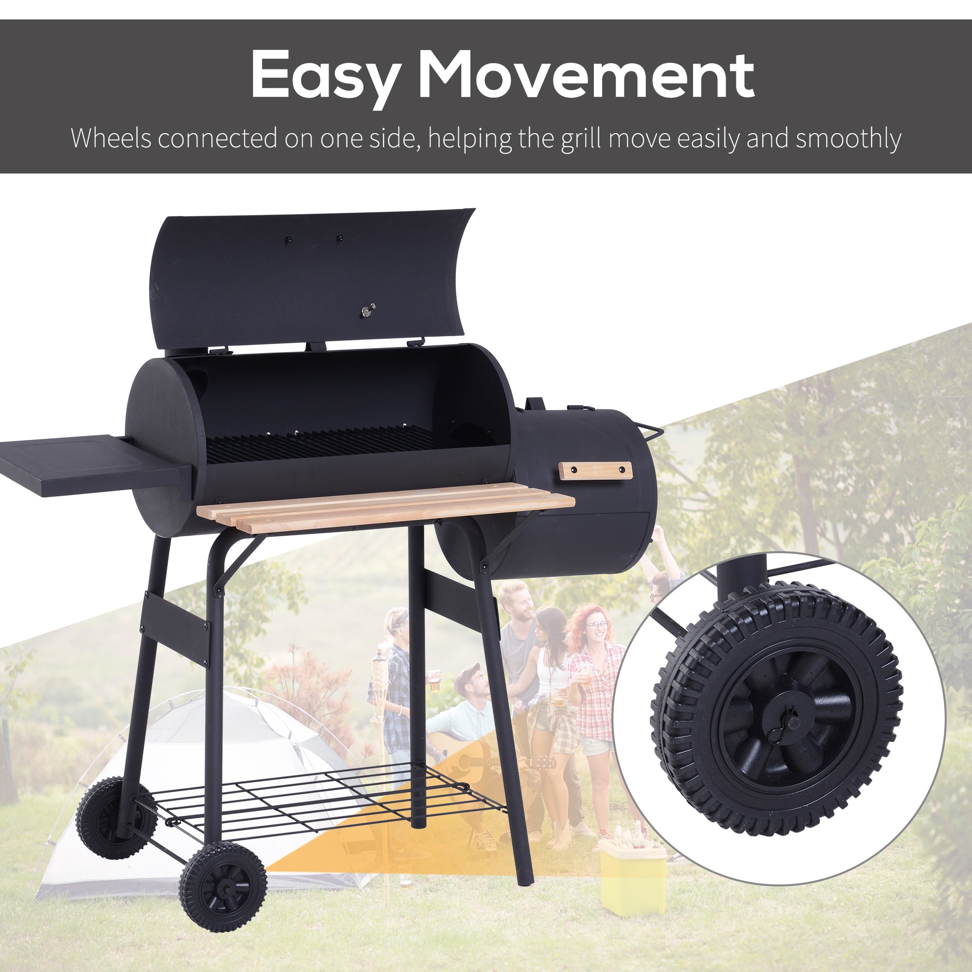 Portable Charcoal BBQ Grill, Cold-rolled Steel & Solid Wood, Black