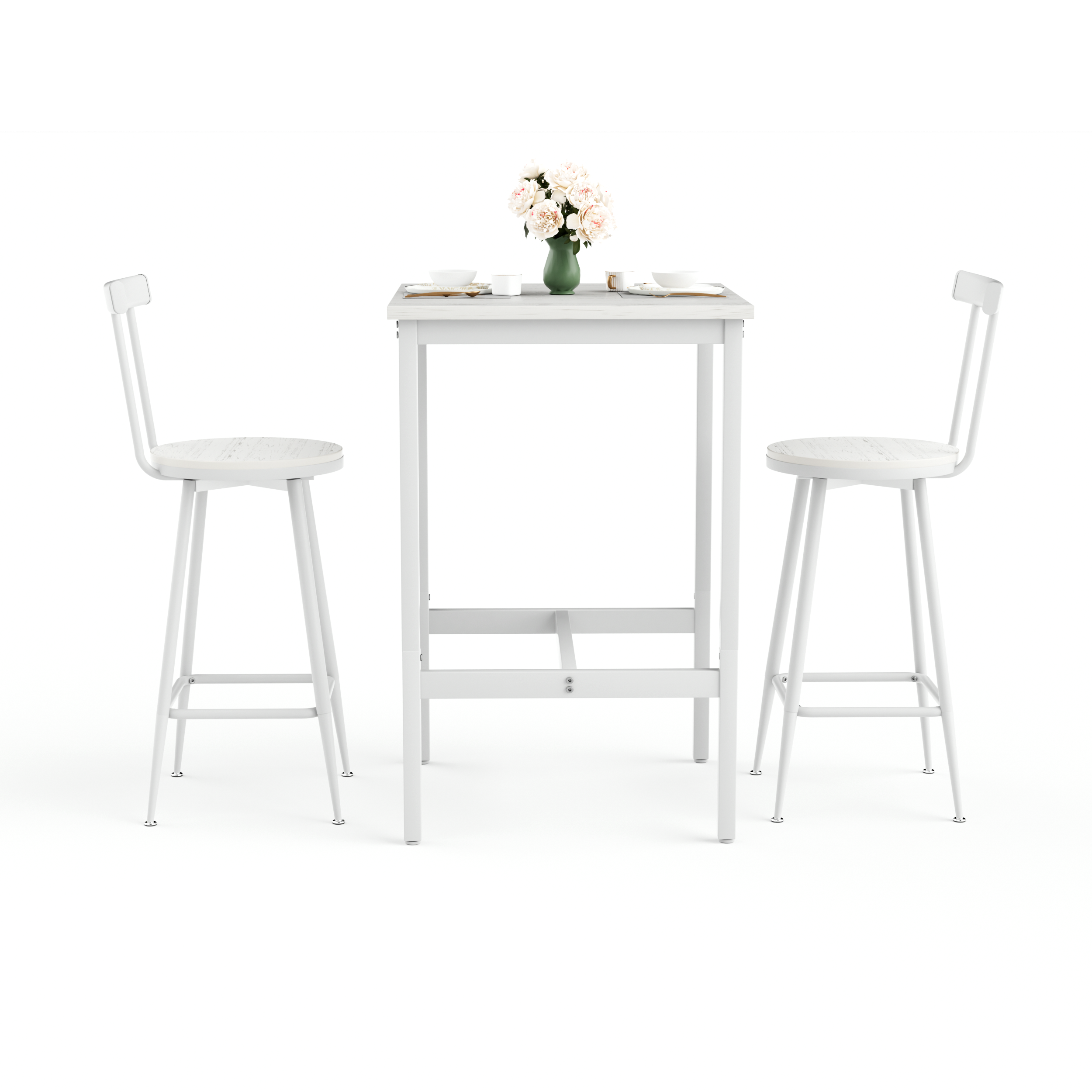 Bar Table and 2 Stools Set Industrial Style Metal Frame - White