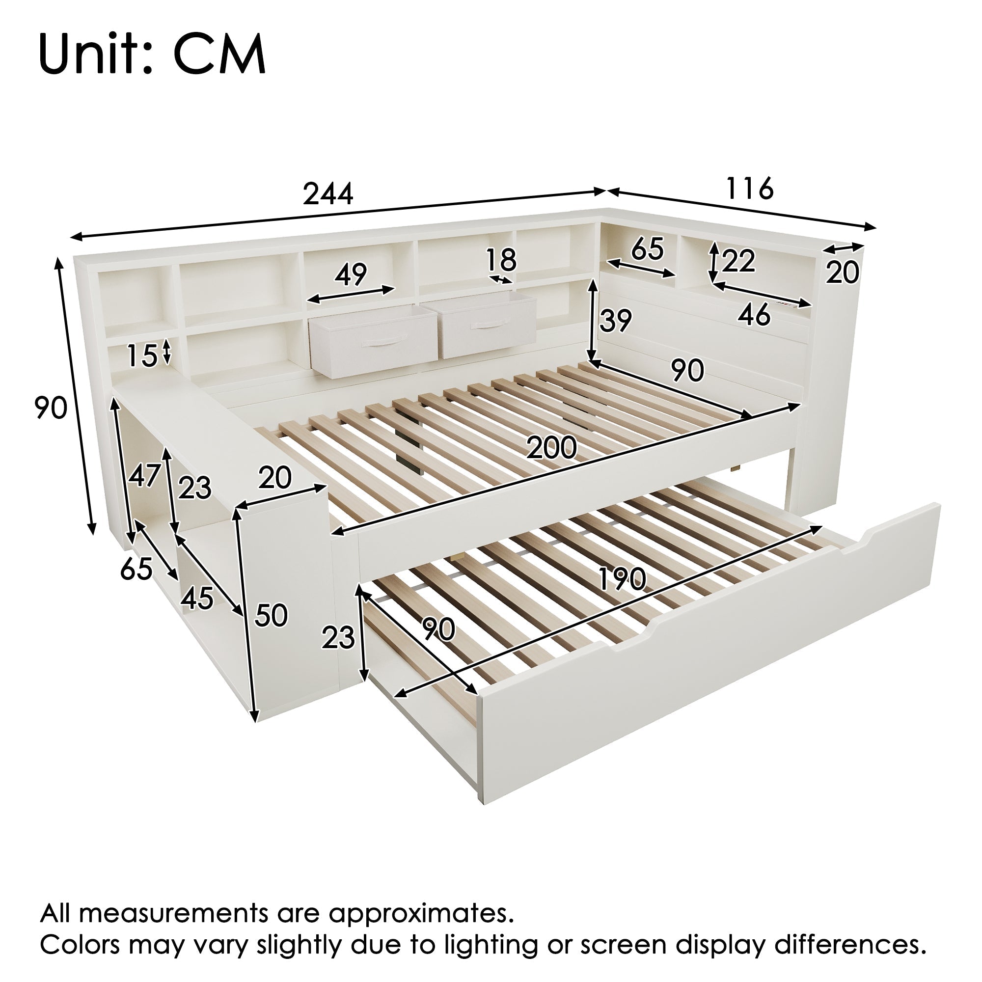 Single Bed with Pull-Out Bed, Shelves and USB Charging, White