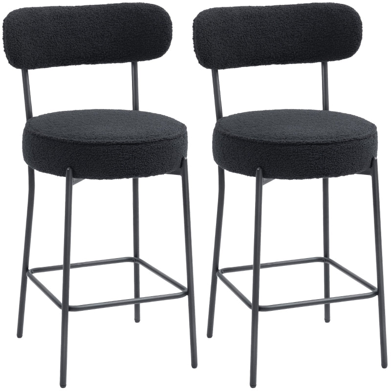 Set of 2 Bar Stools Upholstered Seat Footrest Fleece Cover - Black