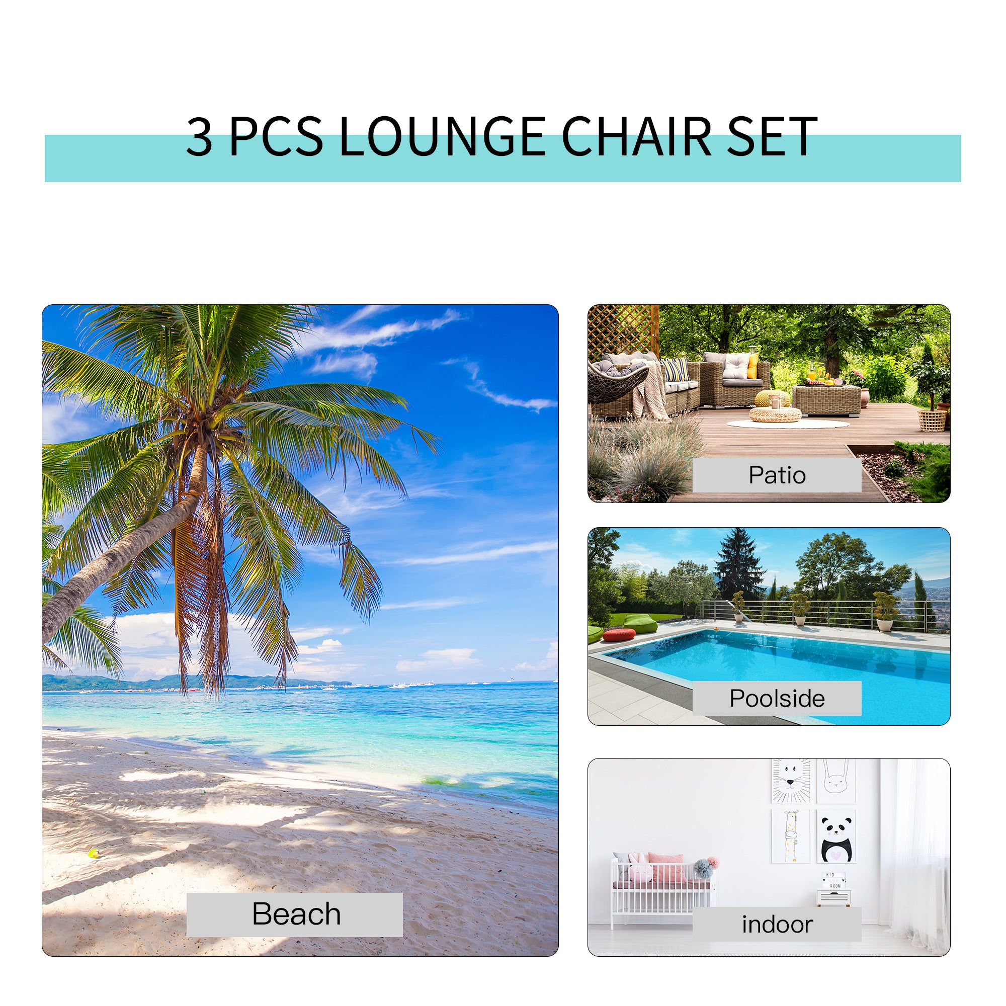 3 Pieces Lounge Chair Set Recliner Sunbathing Chair with Table, Cream