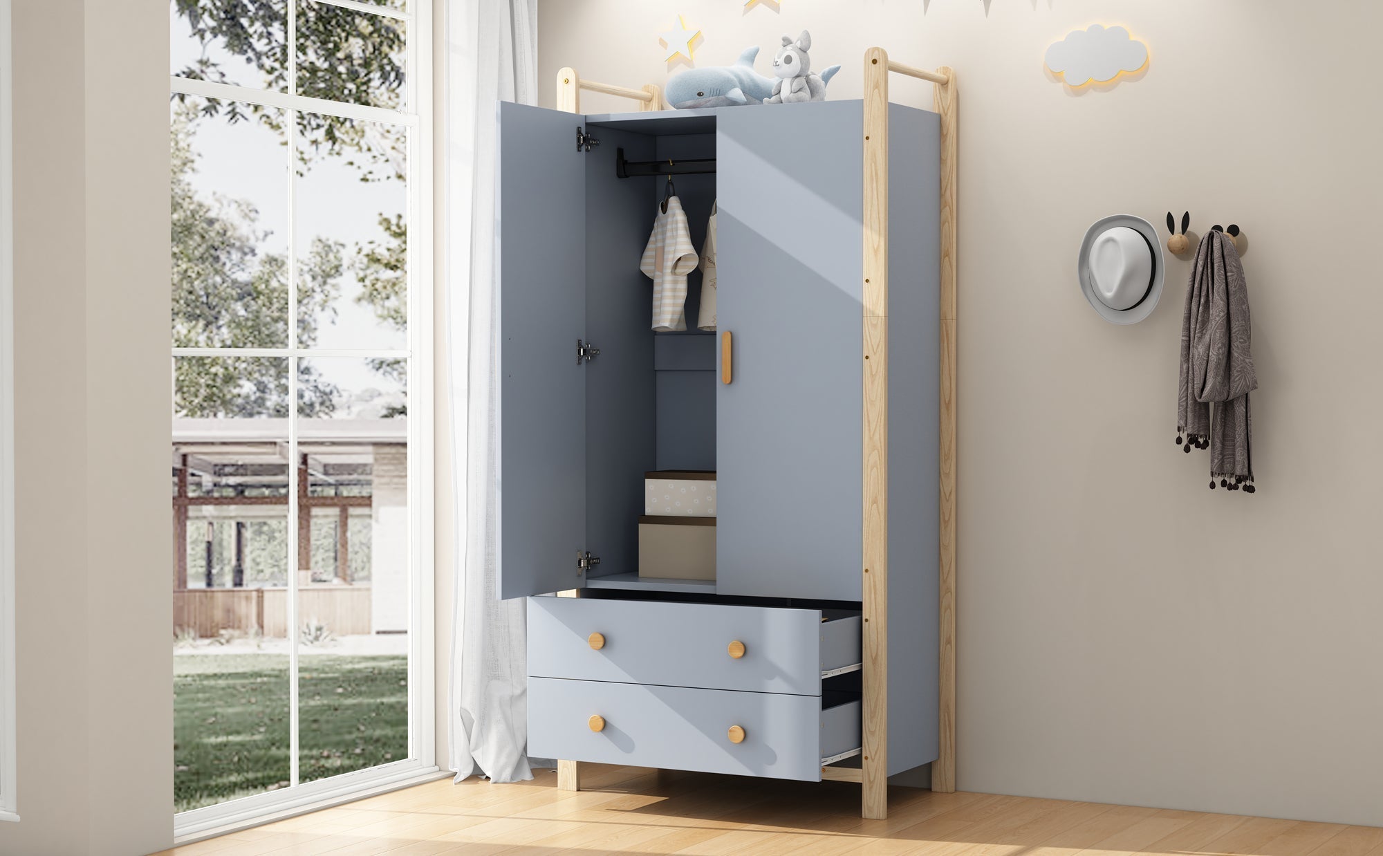 Wardrobe 2-Door with Clothes Rail and 2 Drawers, Blue Chipboard + Pine Frame