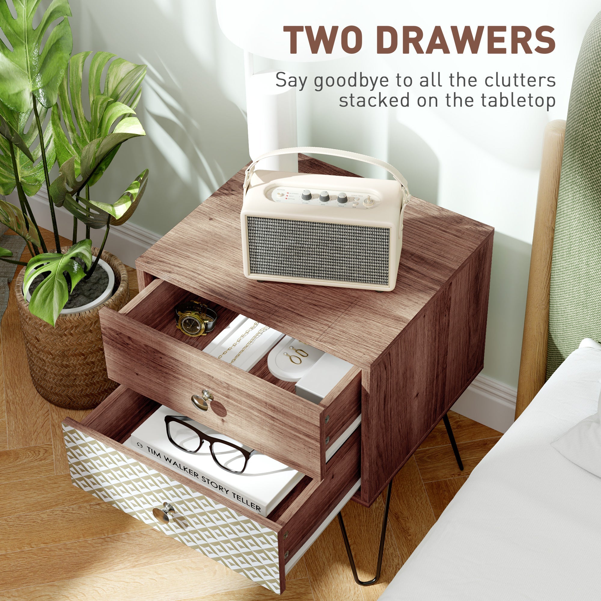 Nightstand 2-Drawer Bedside Table Rustic Brown