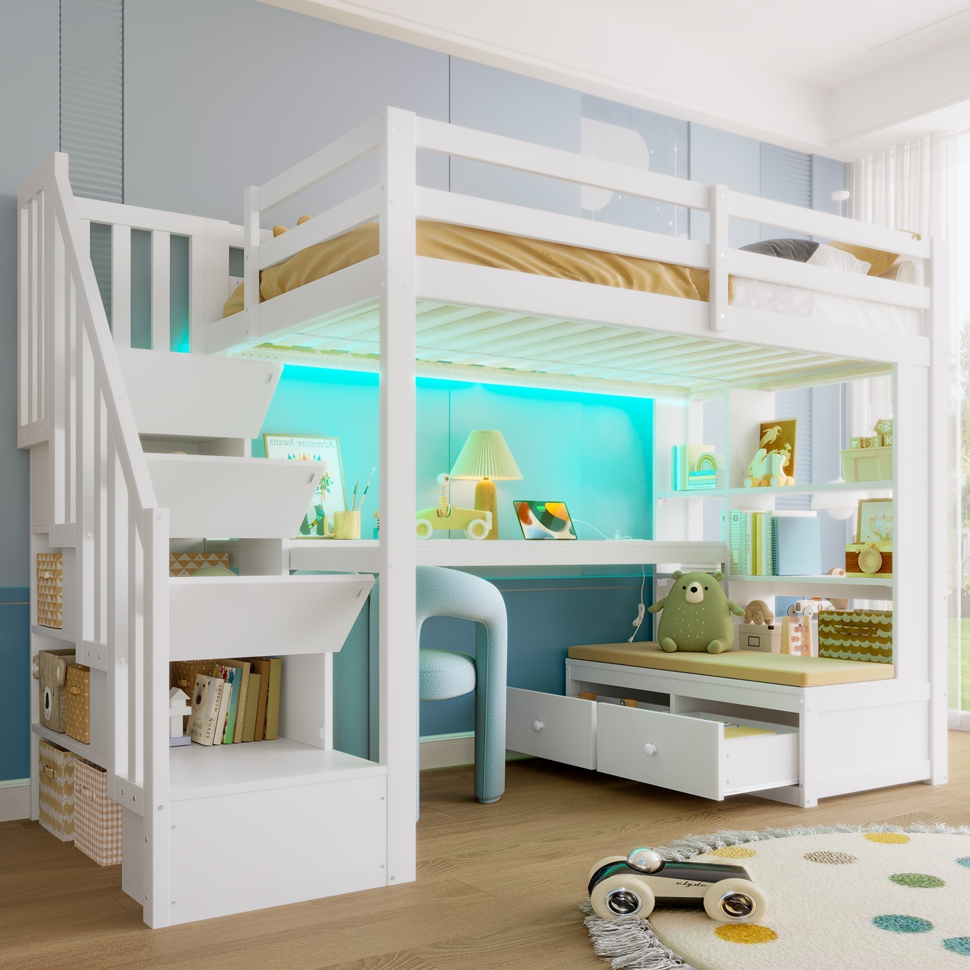 Loft Bed 90x200cm Desk Shelves Drawers Storage Stairs White