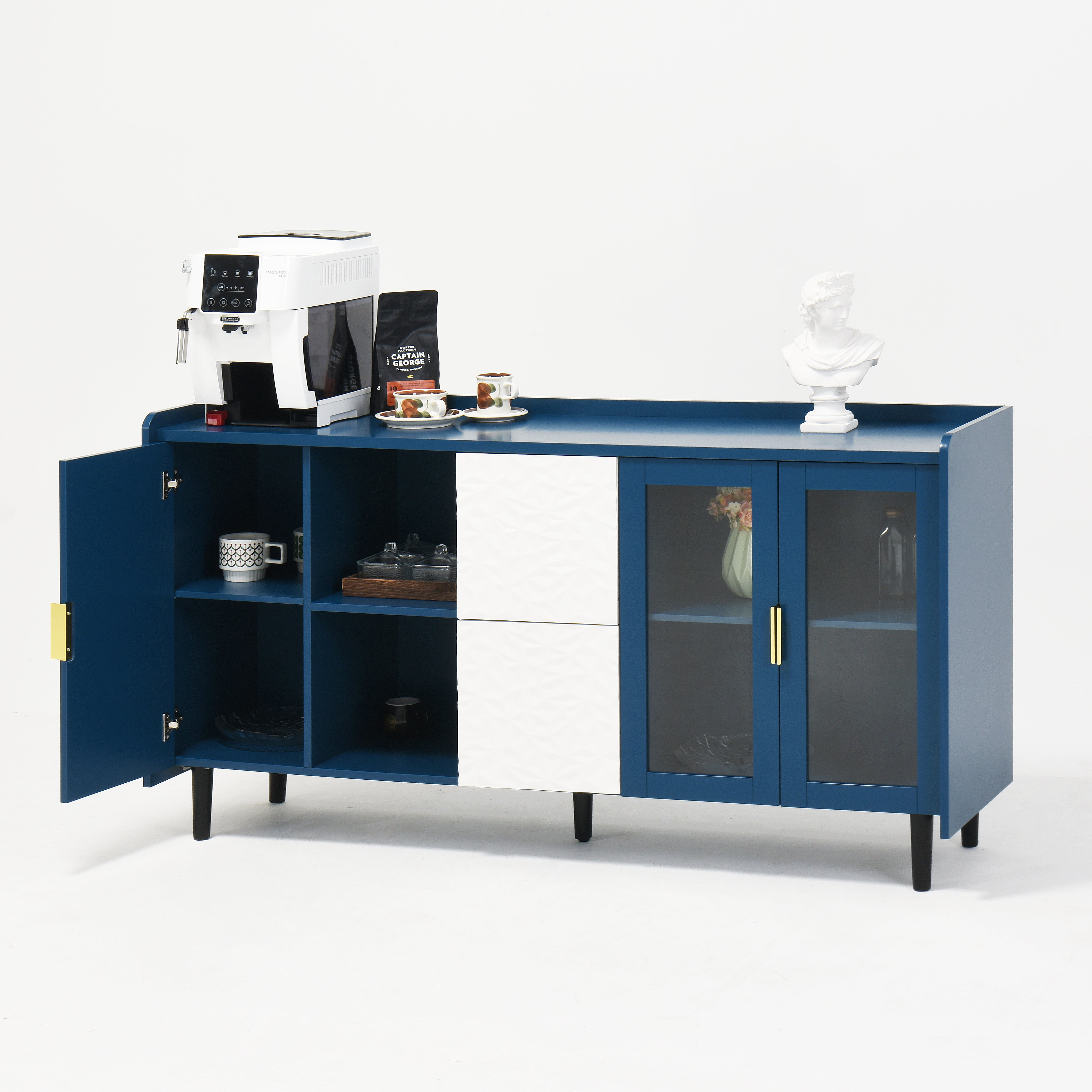Pantry Cabinet 55-inch 2 Drawers 2 Glass Doors - Blue