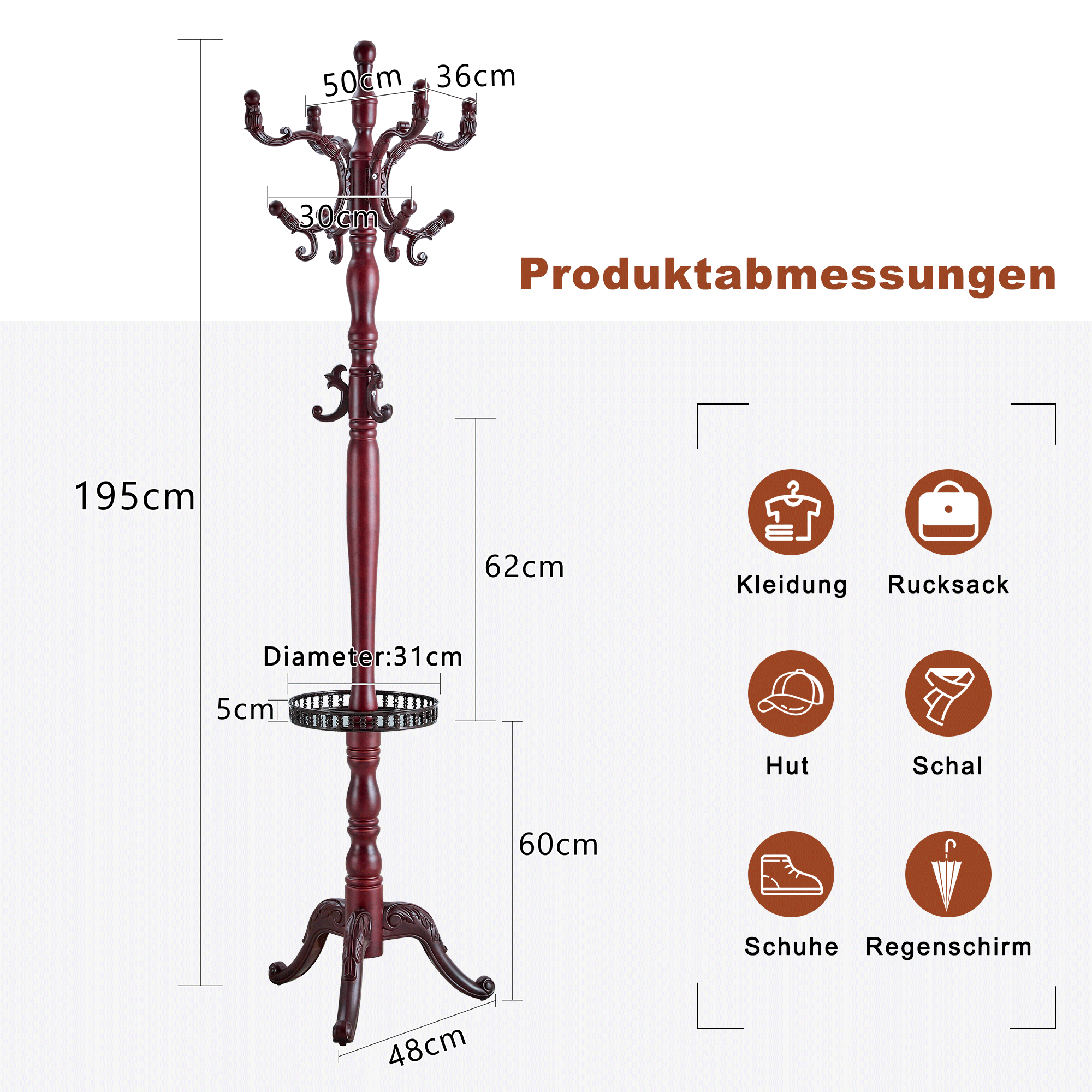 Clothes Rack Multi-Hook Freestanding - Solid Walnut Wood