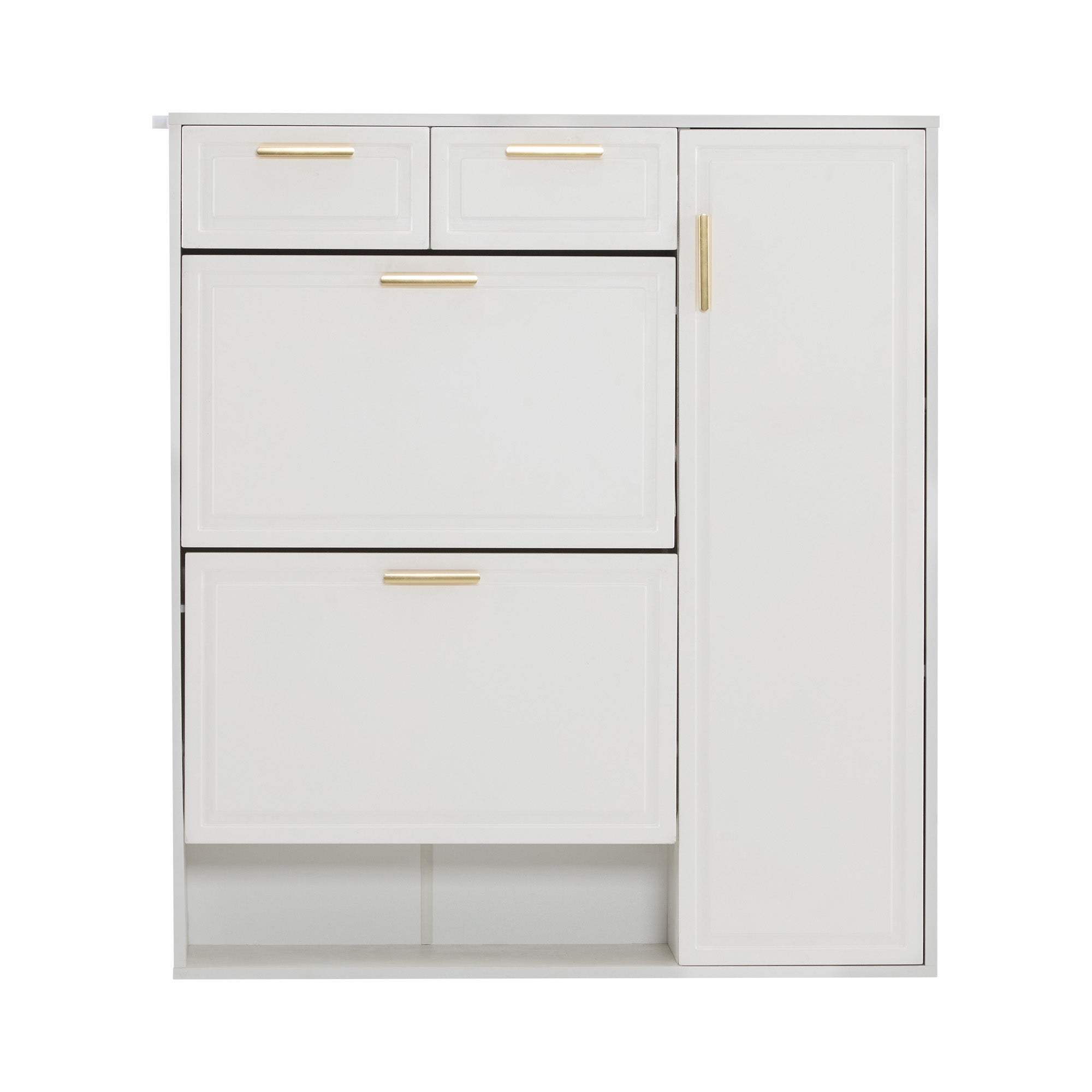 Modern Shoe Cabinet, adjustable shelves, gold handles, drawers, folding, white