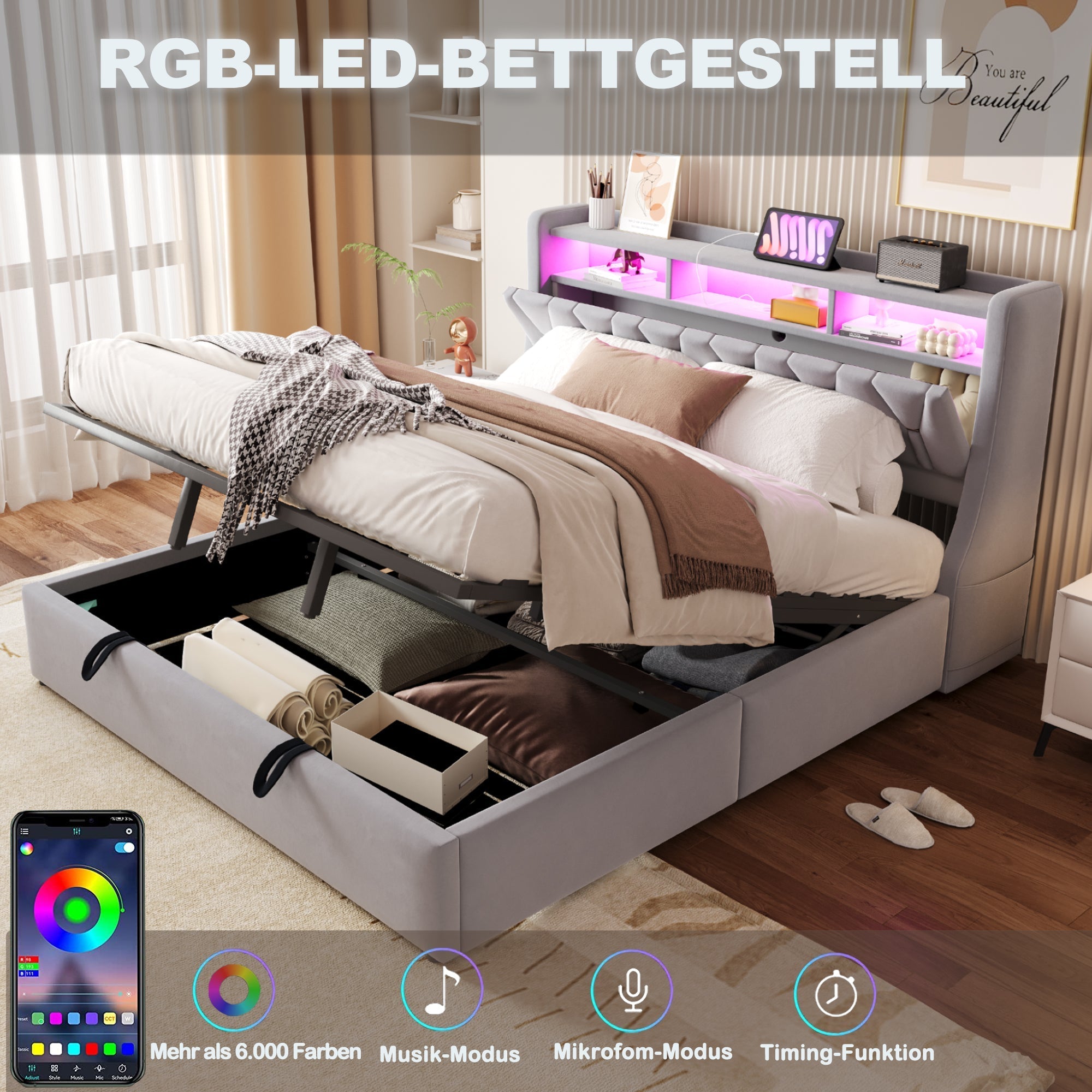 Upholstered Bed 180x200cm Hydraulic Storage Headboard with Power Outlet LED Light Grey Velvet