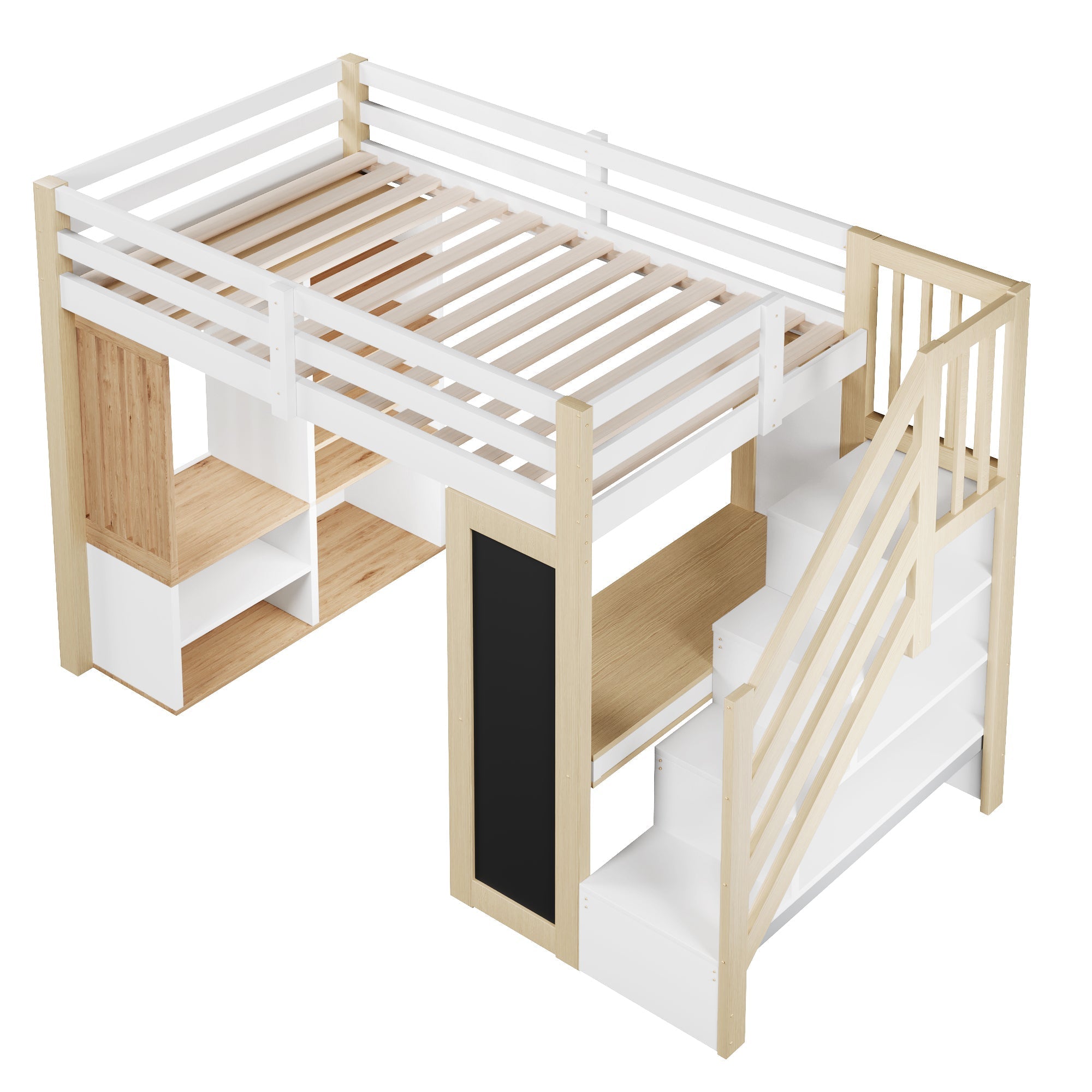 Loft Bed 90x200 with Desk, Wardrobe and LED Lighting, White and Natural