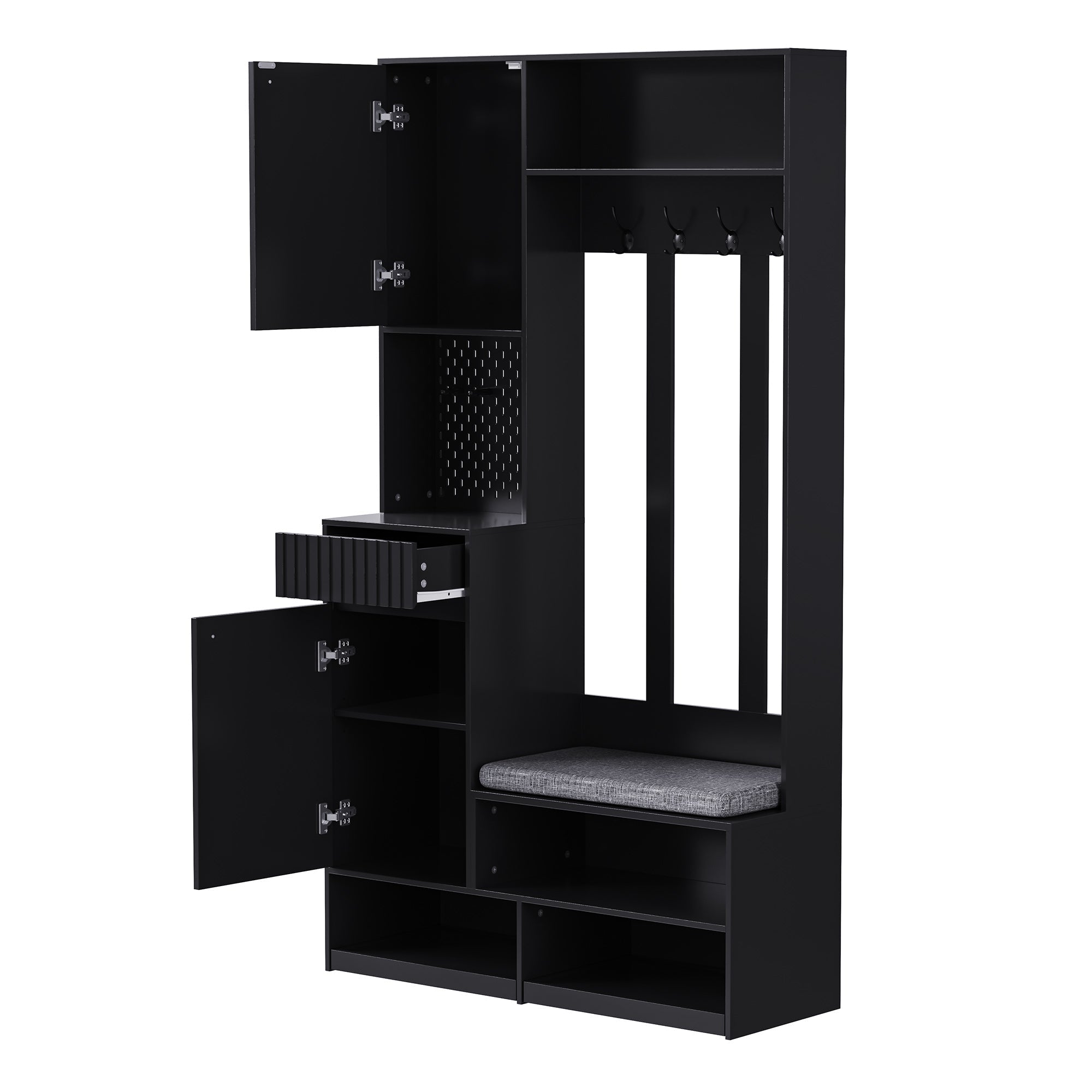 Wardrobe set complete hallway wardrobe set with bench, 4 hooks, doors & drawers - black