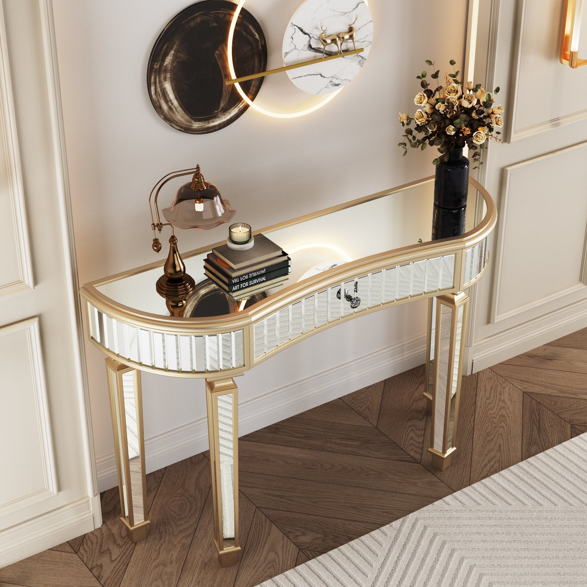 Half-Moon Console Table 120cm Mirrored Fluted Glass Drawer - Gold/Silver