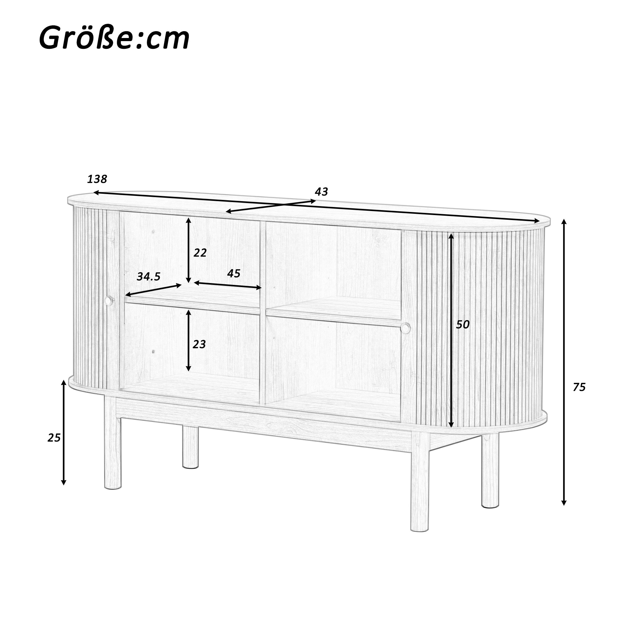 Sideboard, Retro Modern Slatted with Sliding Doors, 138cm Adjustable Shelves, Natural Wood