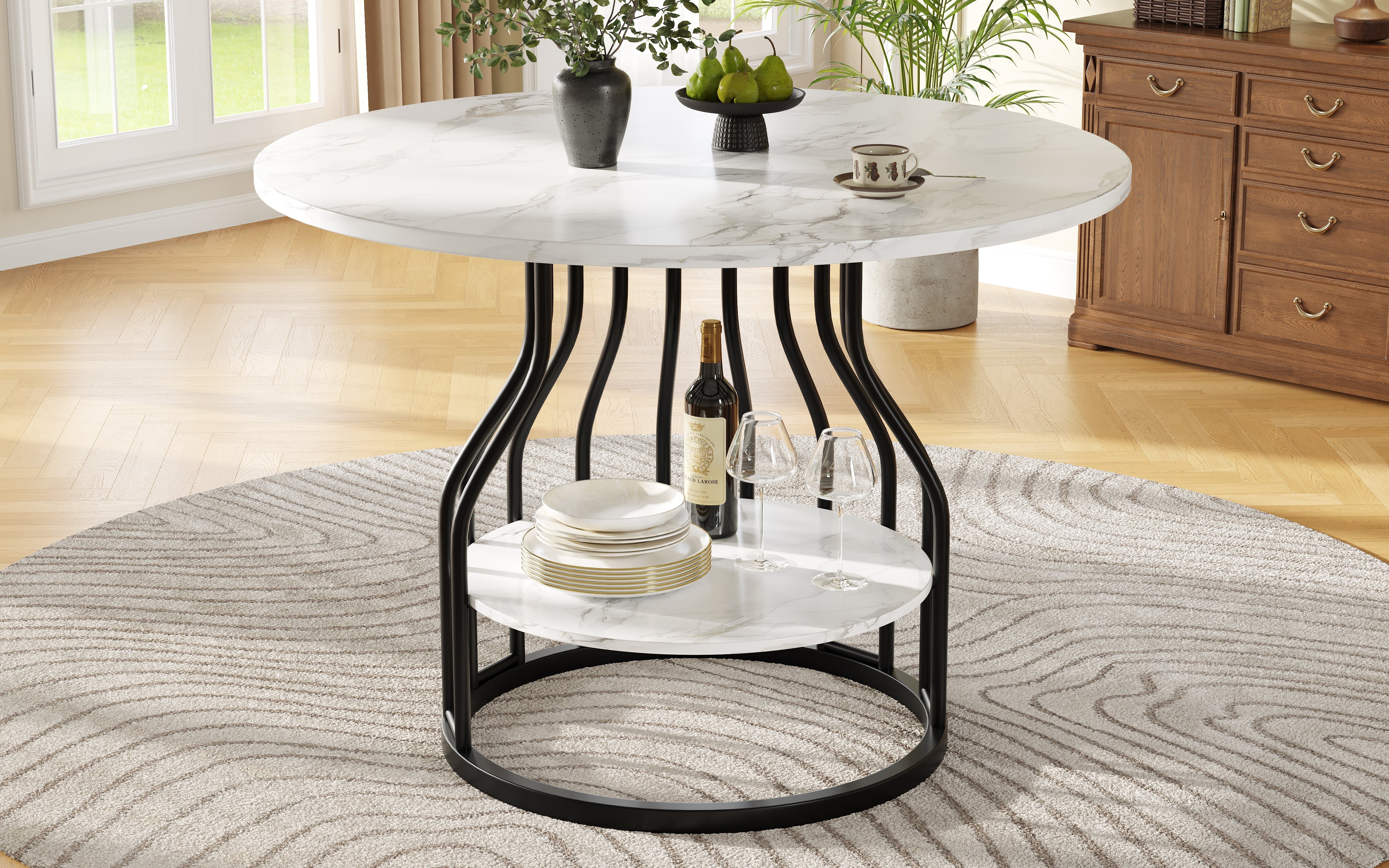 Dining Set 5-Piece Round 80cm Marble Top 4 Chairs - Grey Velvet