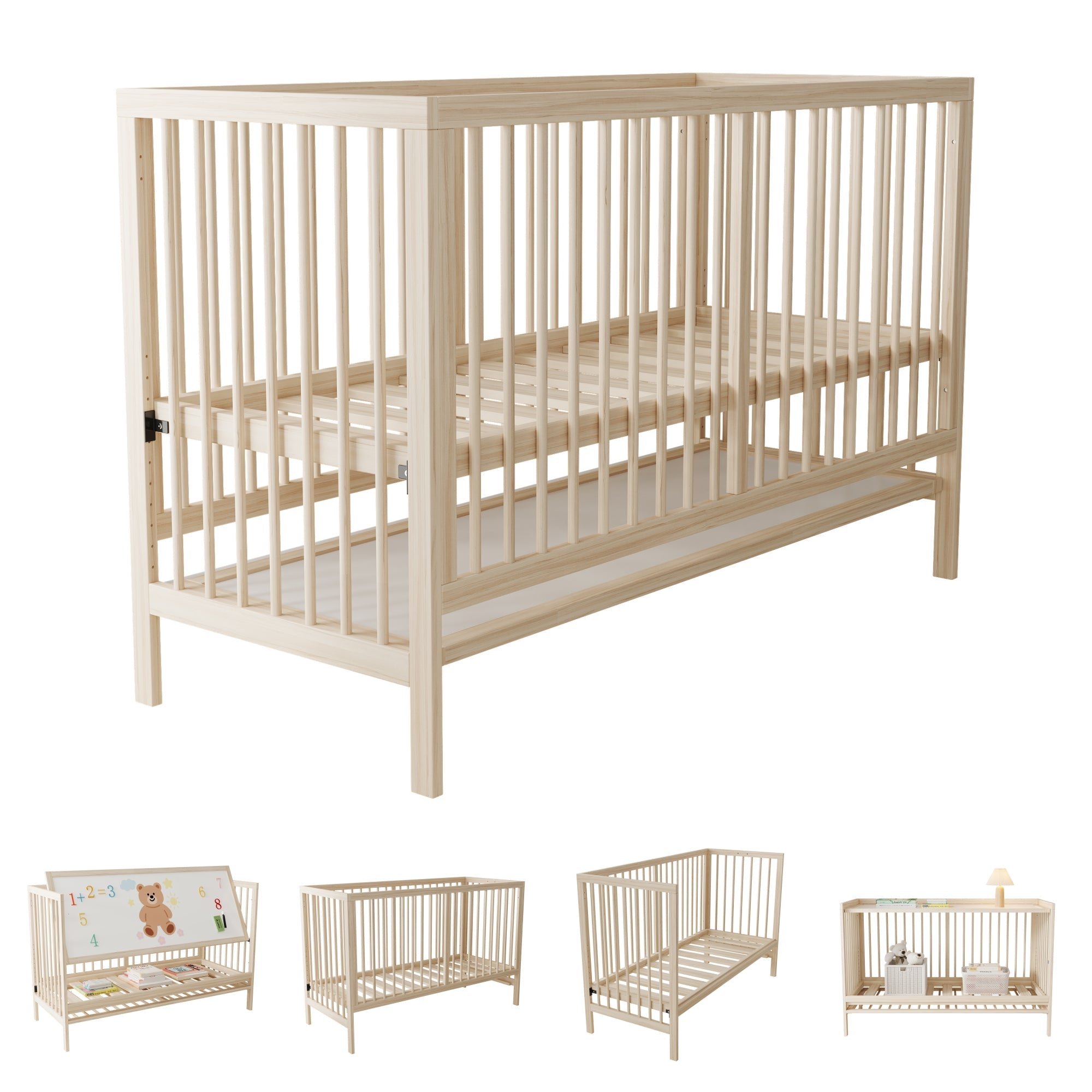 Children's Combination Furniture: Multifunctional Baby Bed, Wardrobe & Rotating Bookcase, Natural Colors