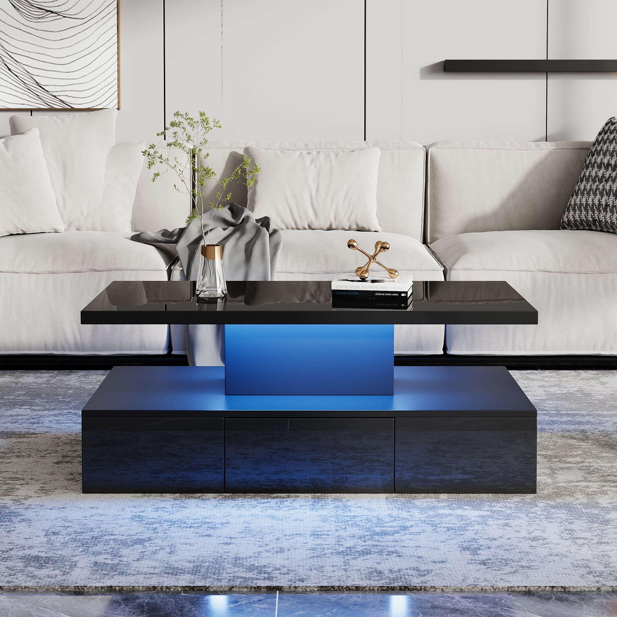 Two-tier Coffee Table 16-Color LED Light High-Gloss Storage Black
