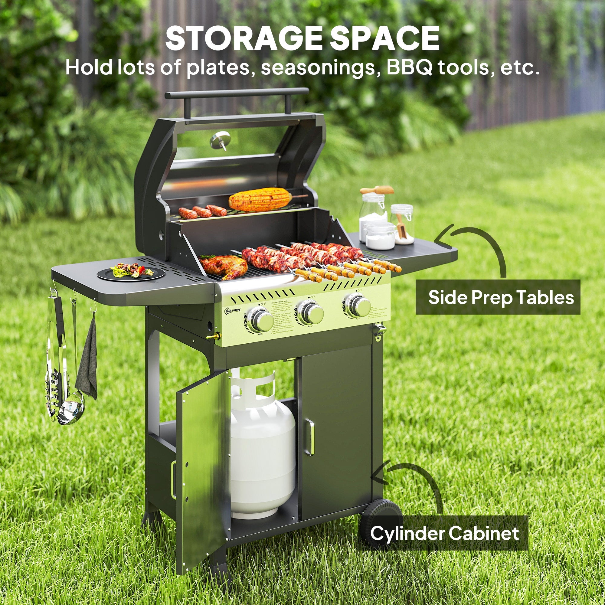 Gas BBQ Grill 7.5kW Three-Burner See-Through Lid Black