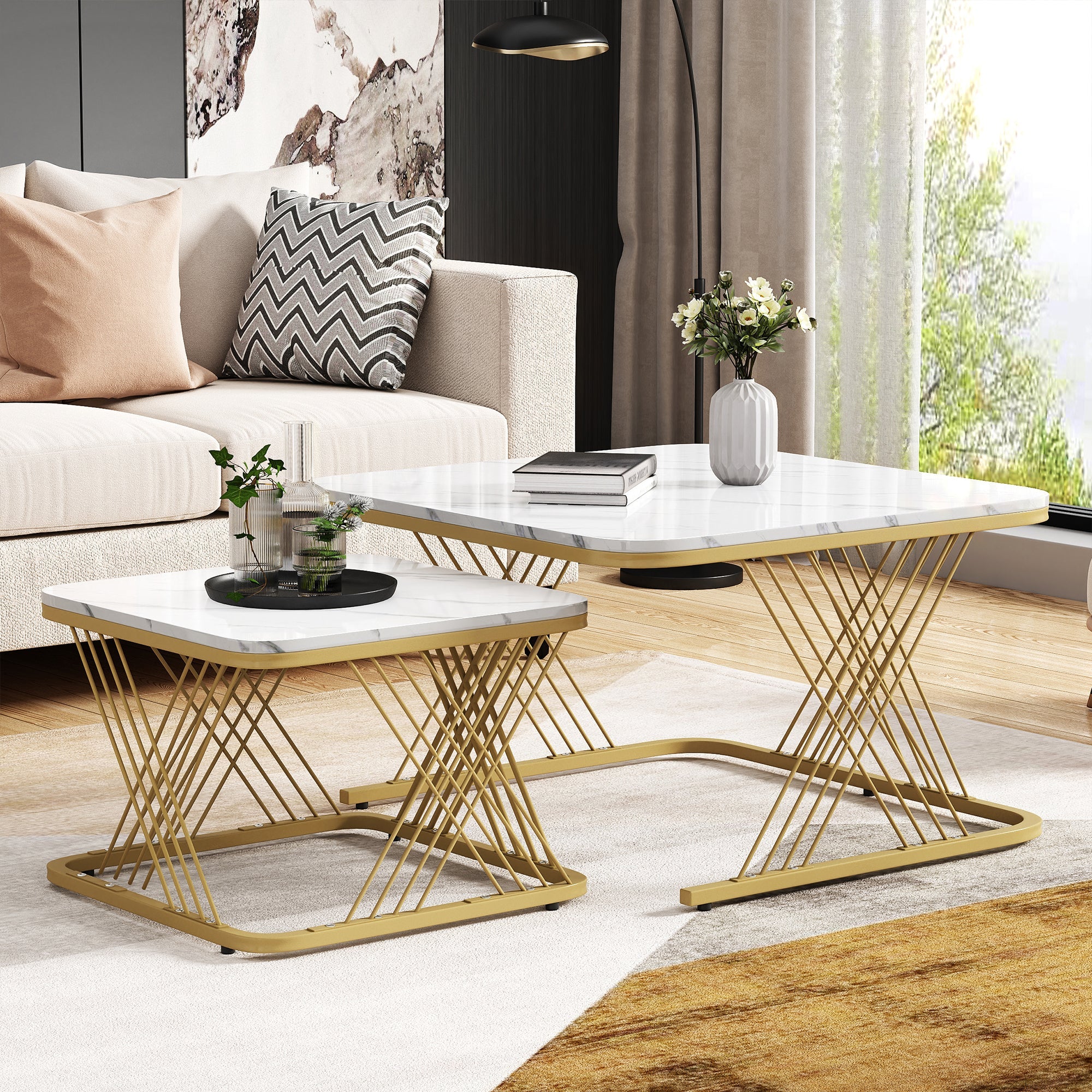 Nest of 2 Tables Coffee Table Set, Gold Metal Frame & Marble Pattern Top, White + Gold