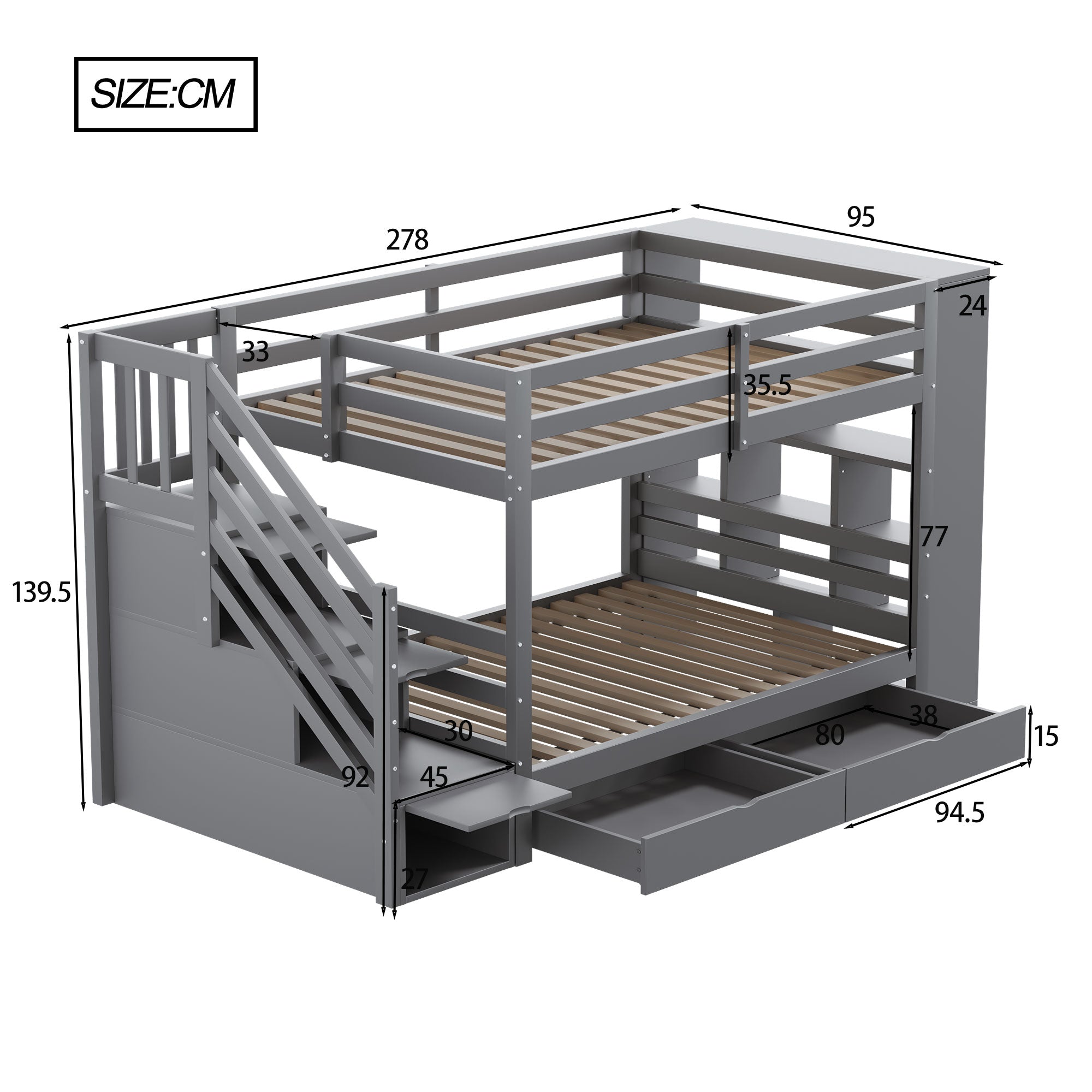 Bunk bed 90 x 200 cm with safety ladder, storage, high fence, slatted frame, grey pine