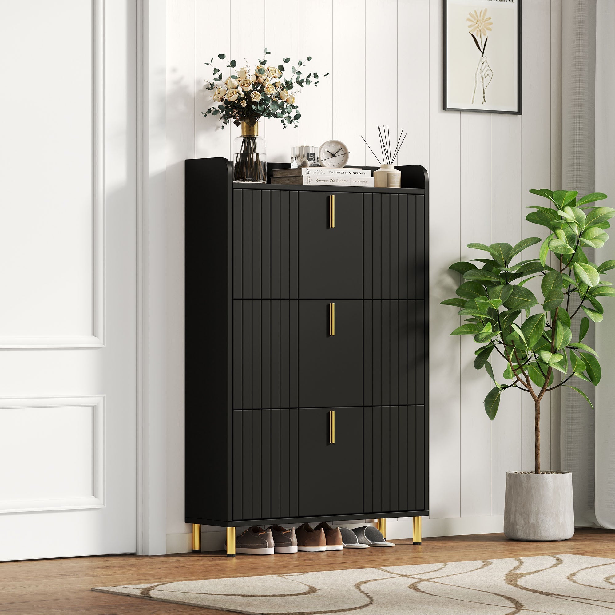 Shoe Cabinet 3 Doors 6 Adjustable Compartments Narrow Anti-tip Black