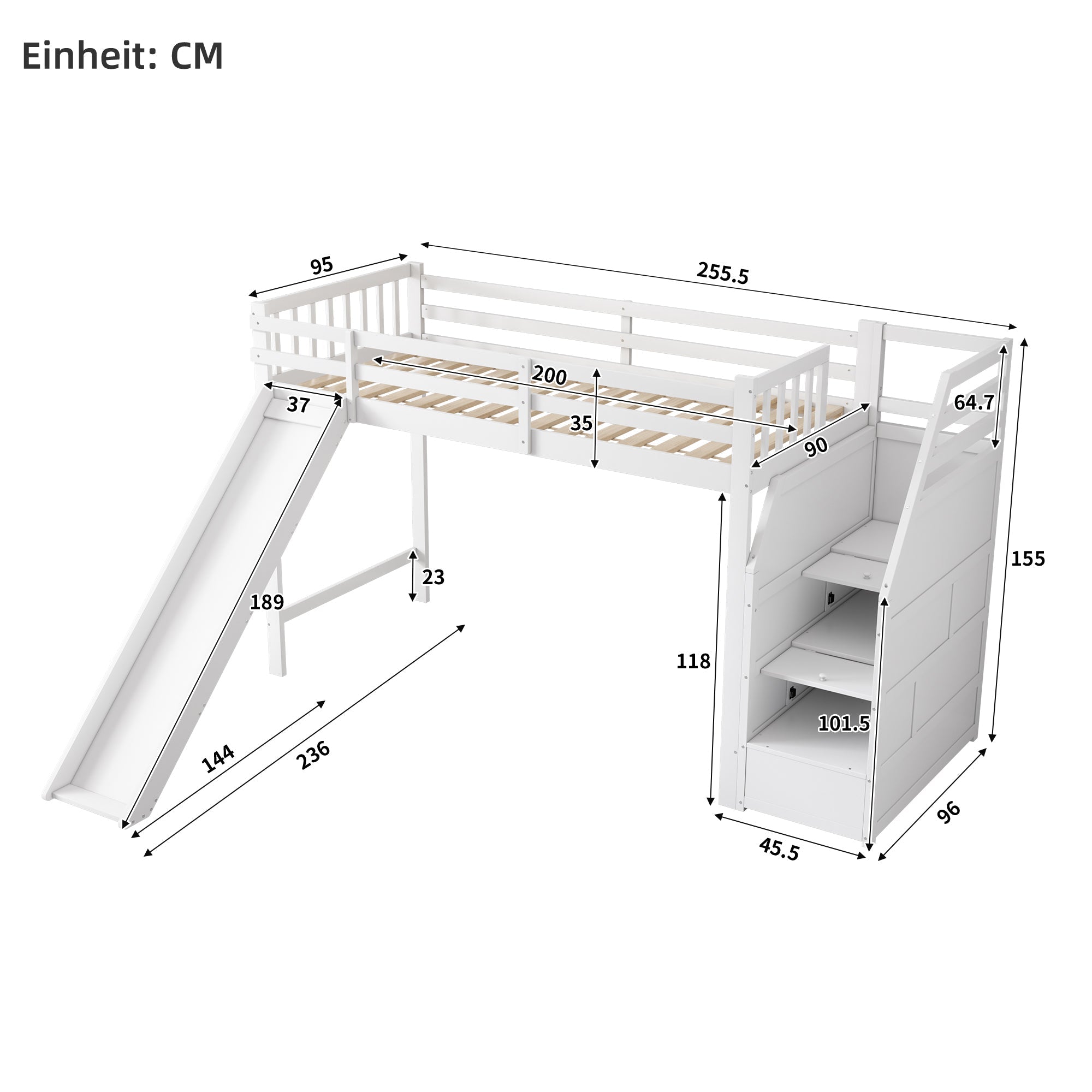 Bunk Bed 90x200cm Slide Removable Railing Storage Ladder - White