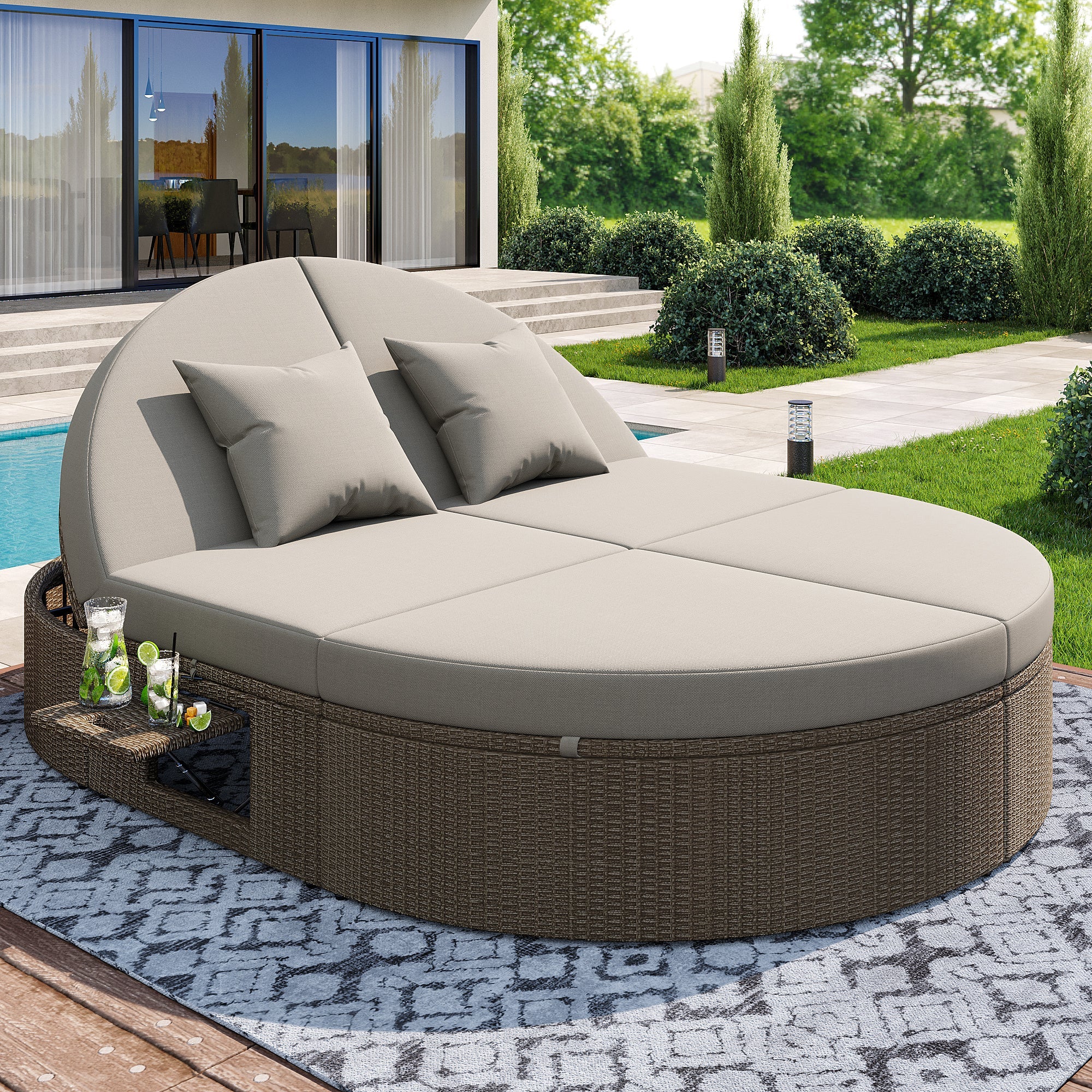 Rattan Double Lounger Outdoor Sunbed 2 Person Adjustable Angle Folding Table
