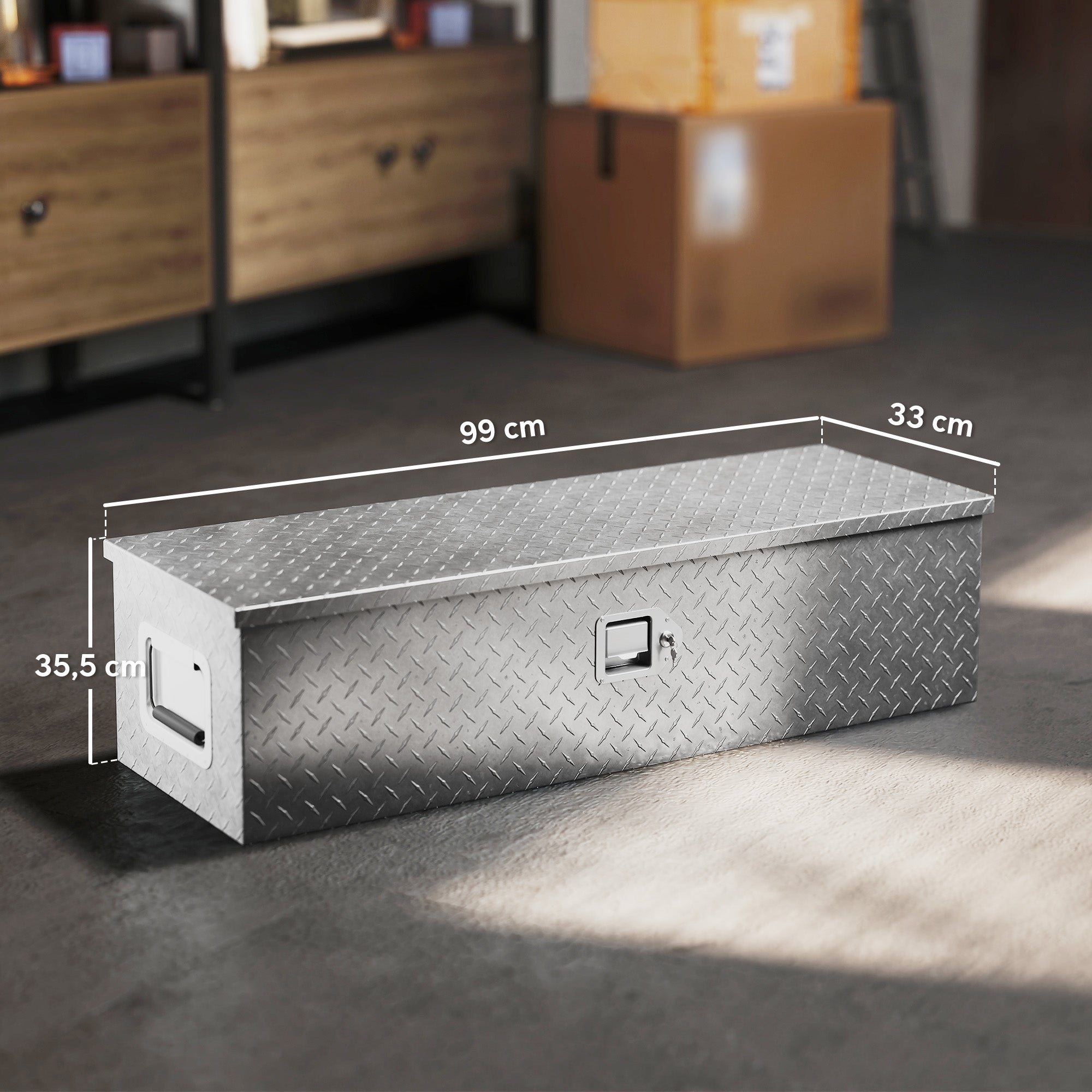 Tool box storage box, with side handles lock and keys, aluminum