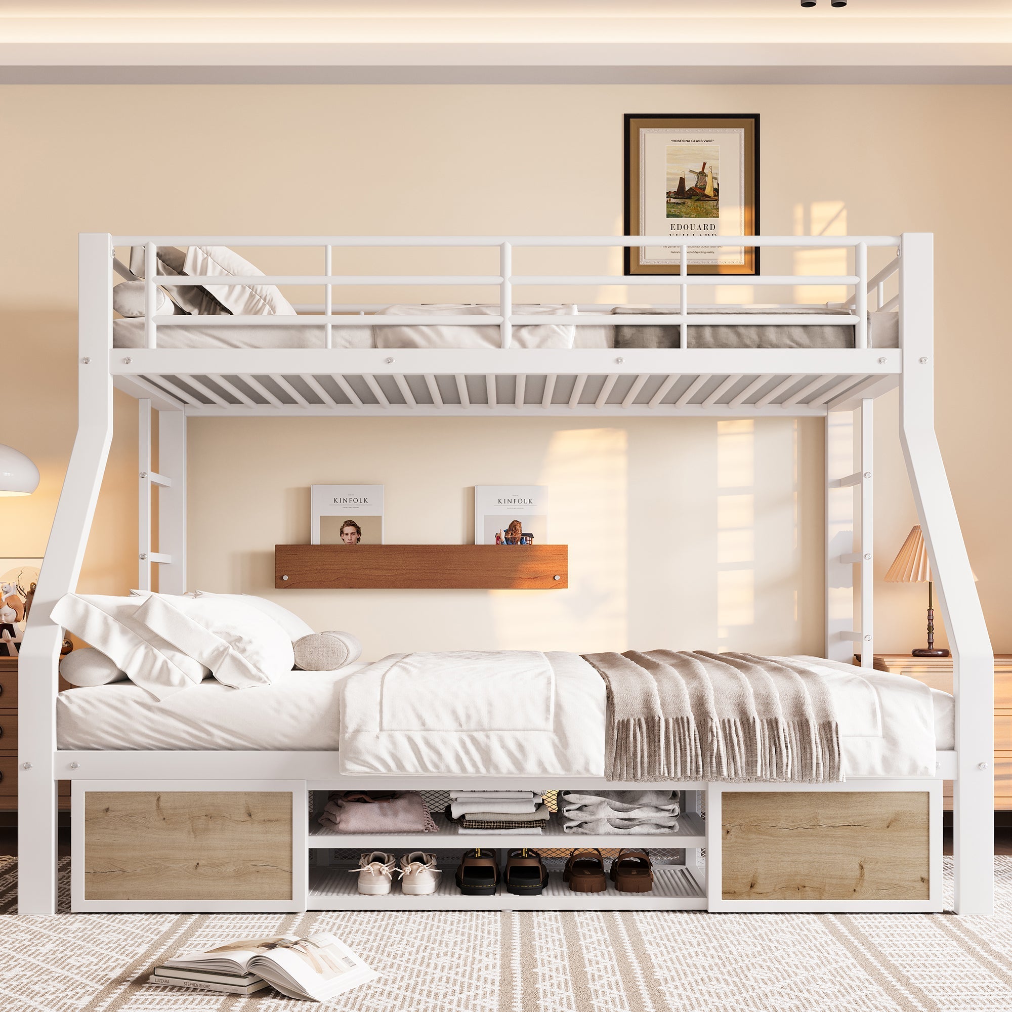 Bunk Bed for Children with Shoe Cabinet and Storage Compartments, 90x200 and 140x200cm, White