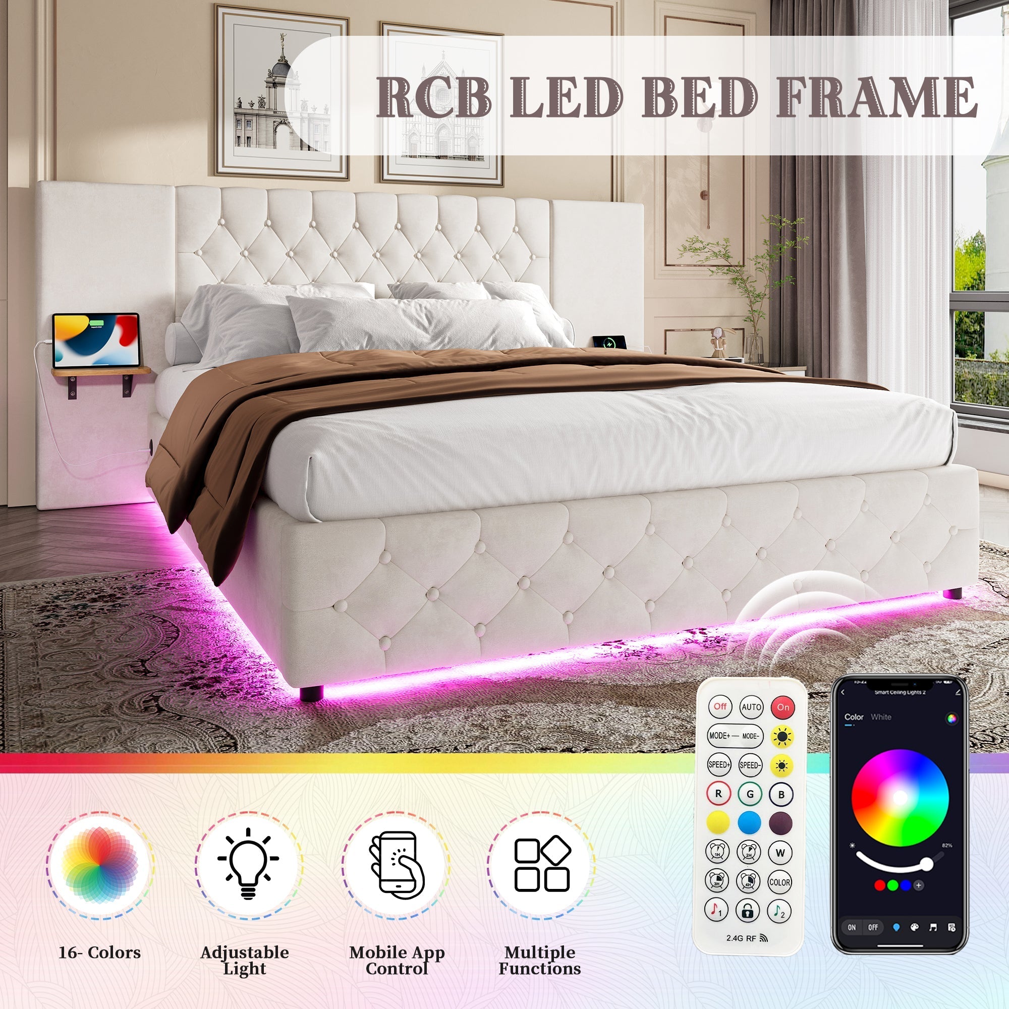 Modern Bed Frame 135x190, Wide Headboard, LED, USB-C Ports, Hydraulic Lift Storage, Beige