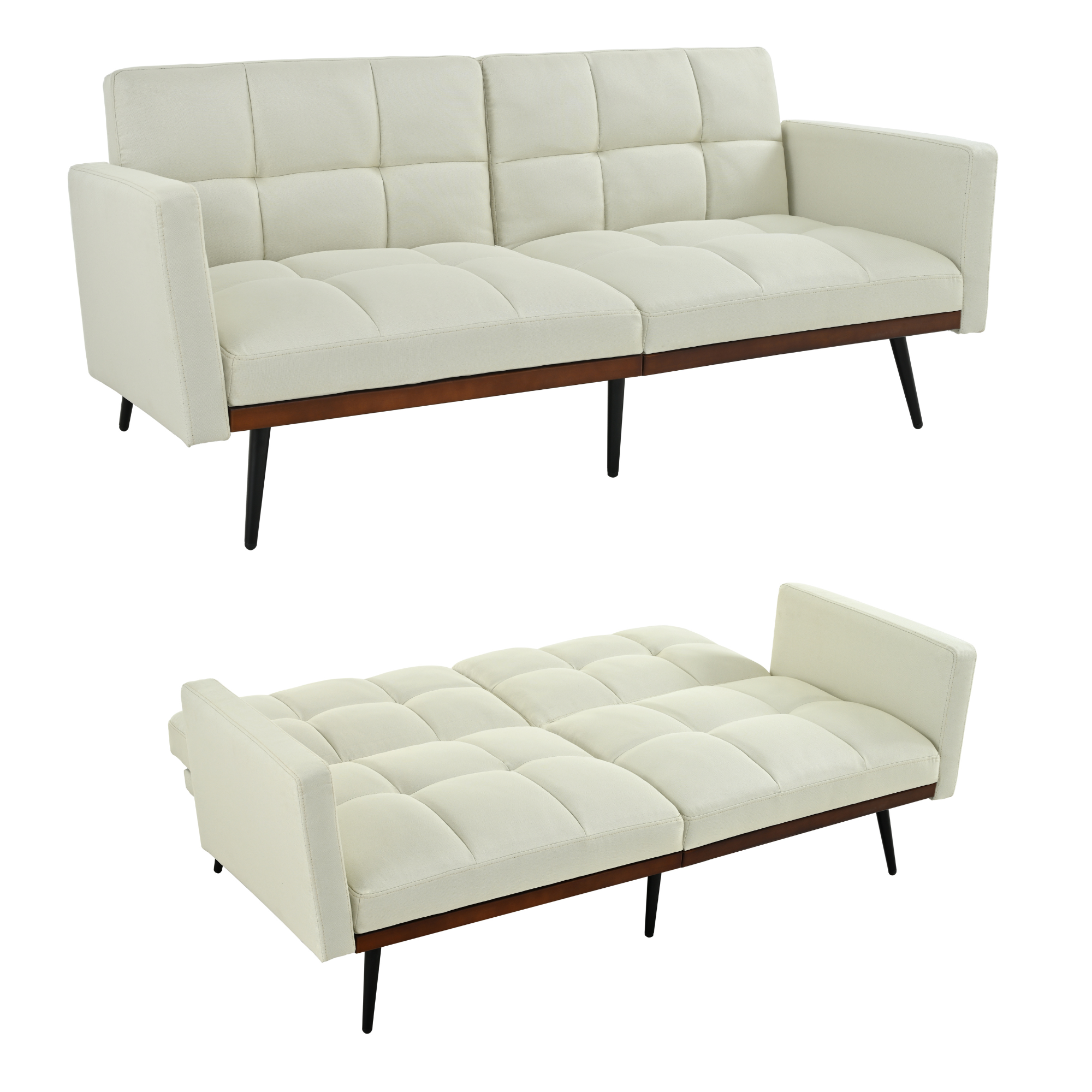 Mid-century Modern Futon Sofa 146cm 5-Position Adjustable Backrest - Linen Mix Beige