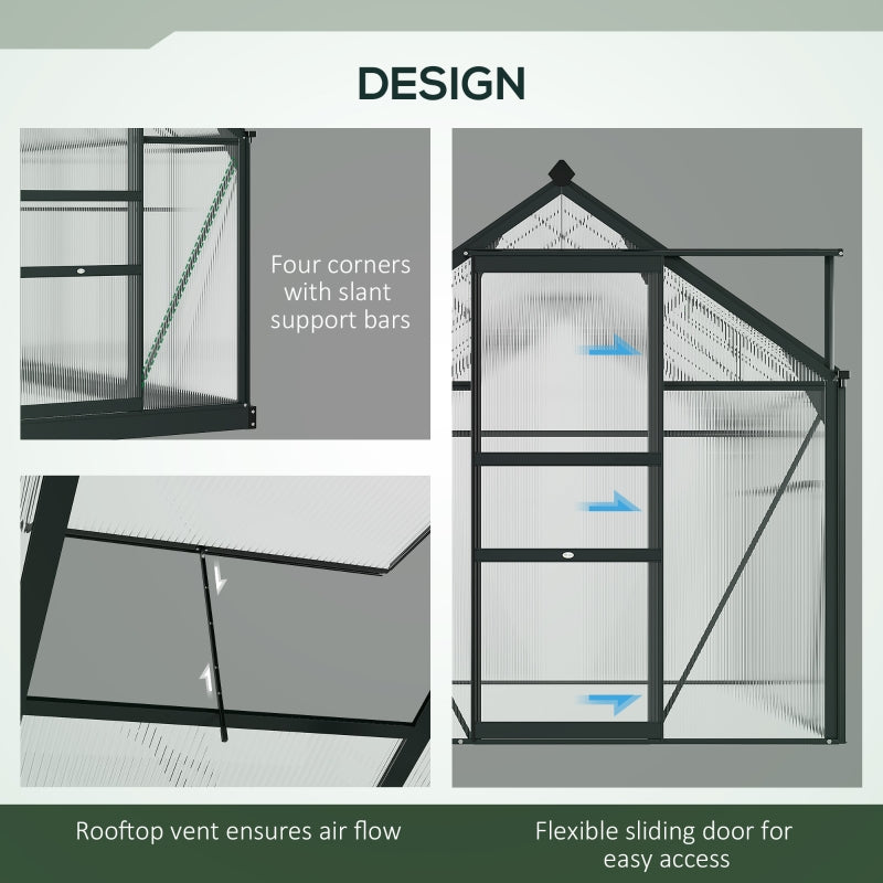 6x4ft Greenhouse, Polycarbonate Walk-In with Sliding Door & Aluminium Frame, Grey