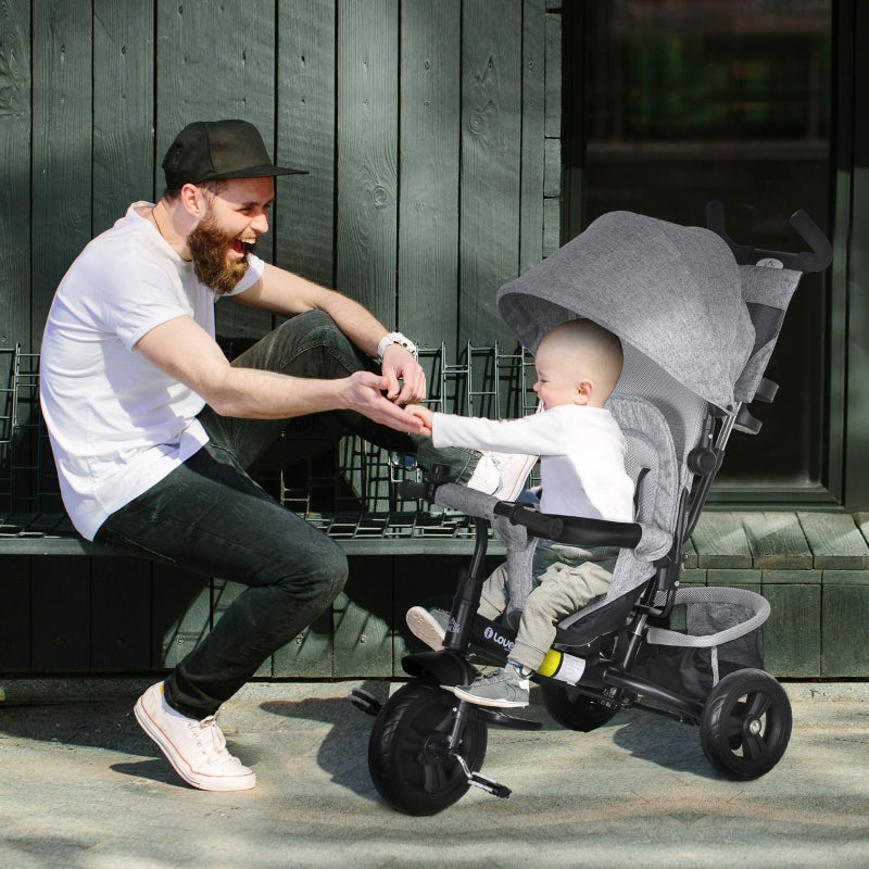6-in-1 Tricycle with Push Bar, Removable Sun Canopy, 5-Point Safety Harness, Grey
