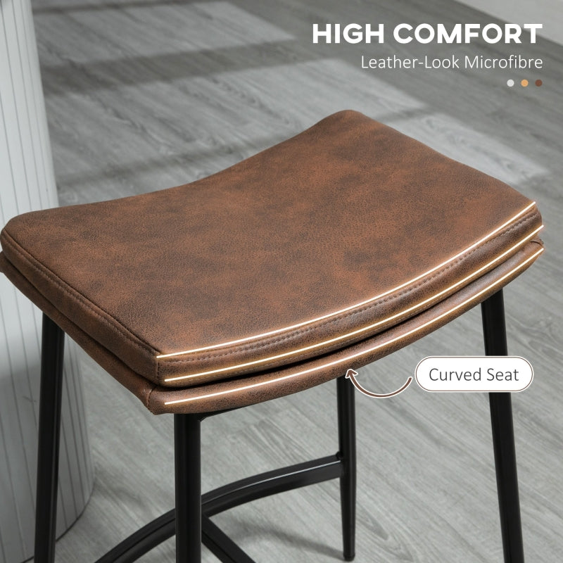 Breakfast Bar Stools Set of 2, Industrial Curved Seat Steel Frame, Brown Microfibre
