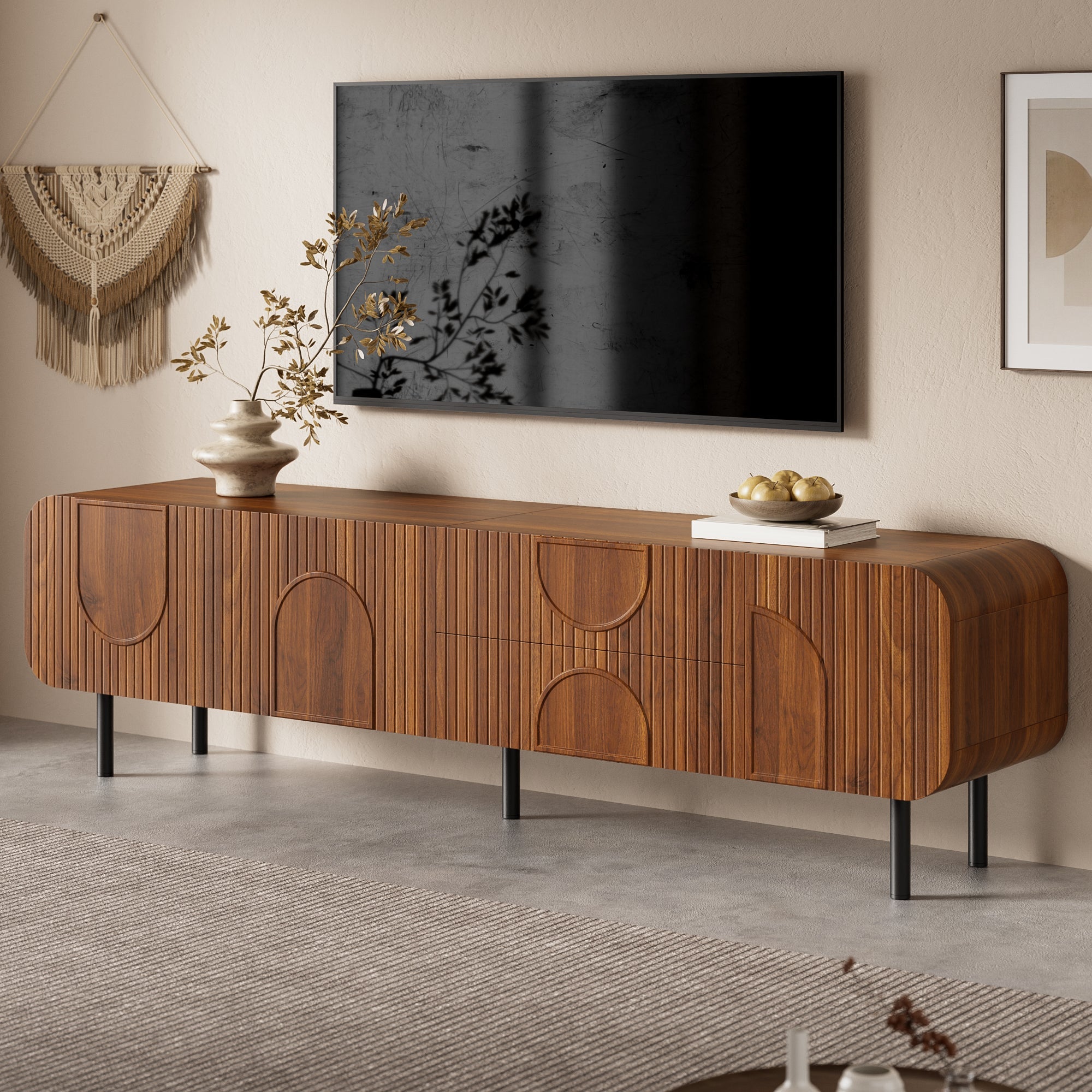 TV Cabinet with 3 Doors, 2 Drawers and Vertical Grooves, Mid-Century Style with Metal Legs