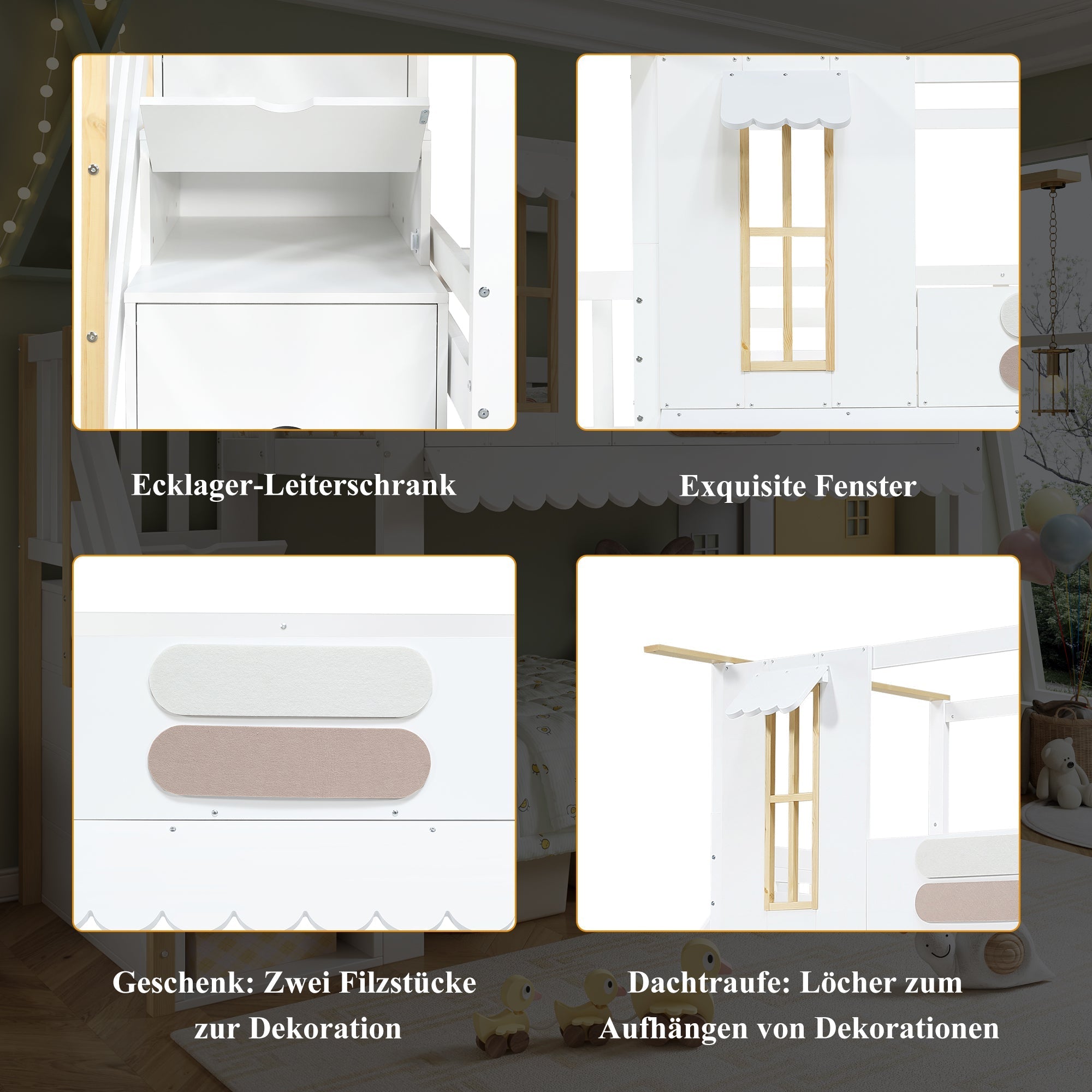 Bunk bed, children's bed with storage stairs, exquisite windows, wavy roof edge, white + natural