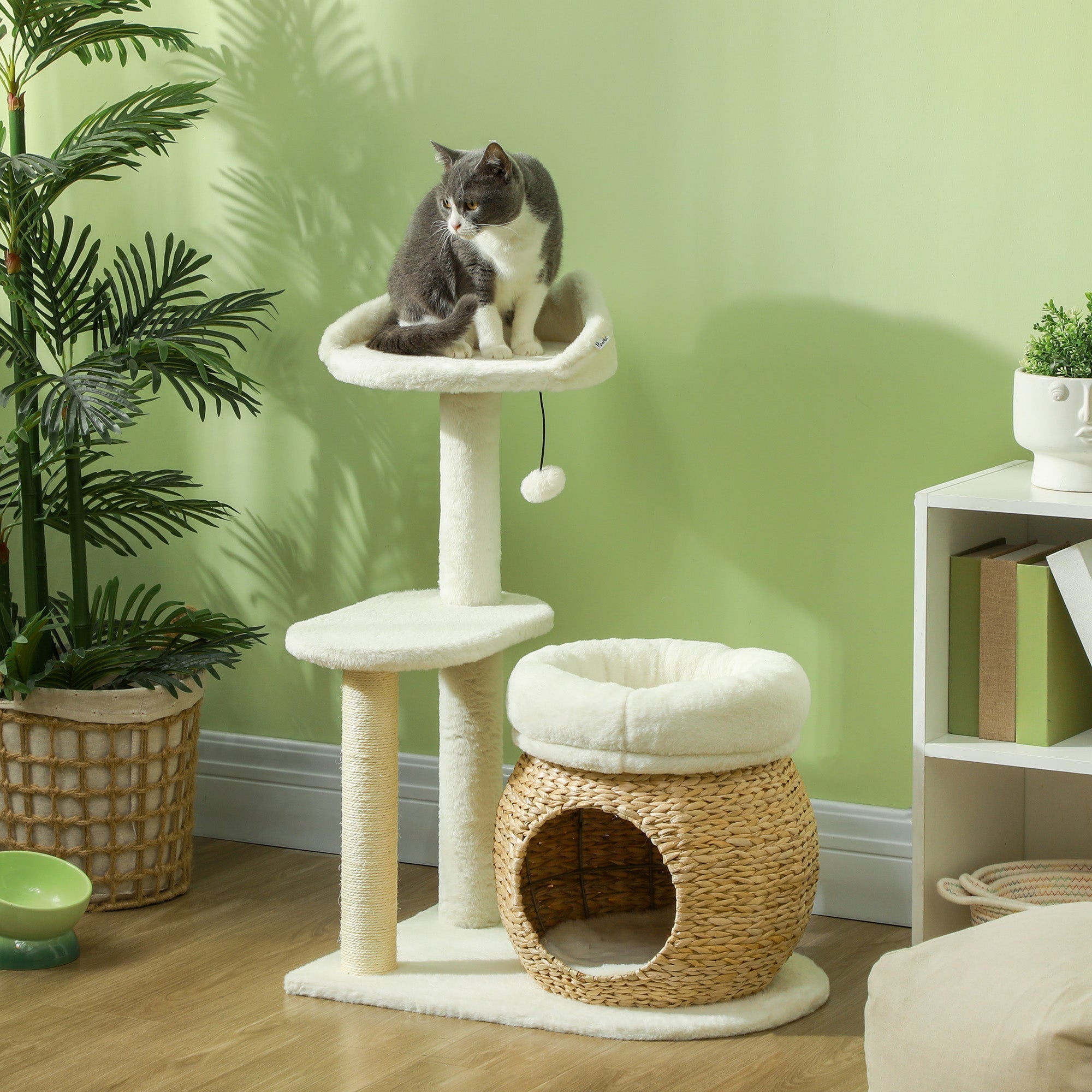 Cat Tree 79 cm, Cat Cave, Bed, Play Balls, Sisal, Cream White