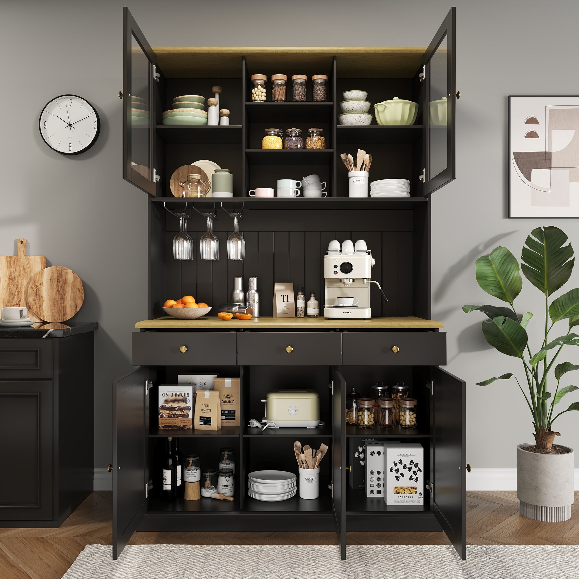 Sideboard Tall Cabinet with Glass Doors, Power Outlets & USB Ports, Black and Gold Handles