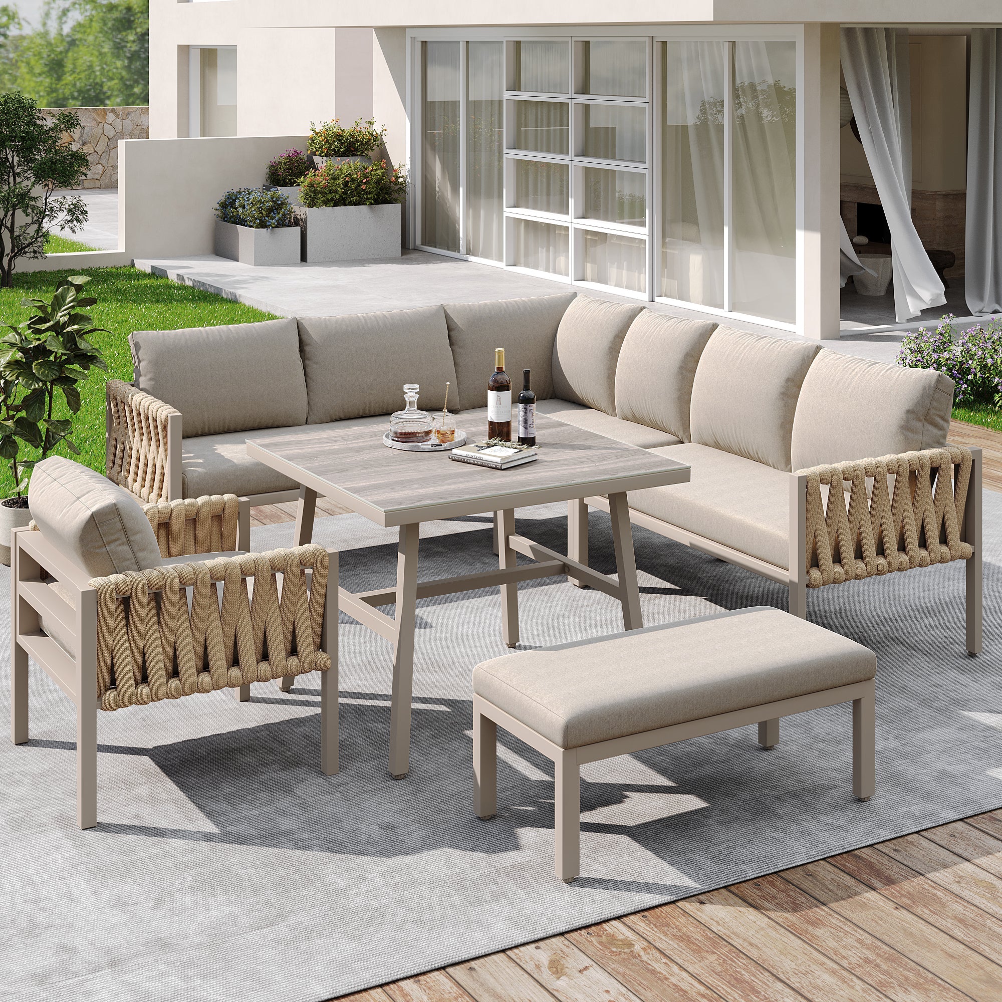 Rope Garden Furniture Set Corner Sofa Adjustable Legs Tempered Glass Beige