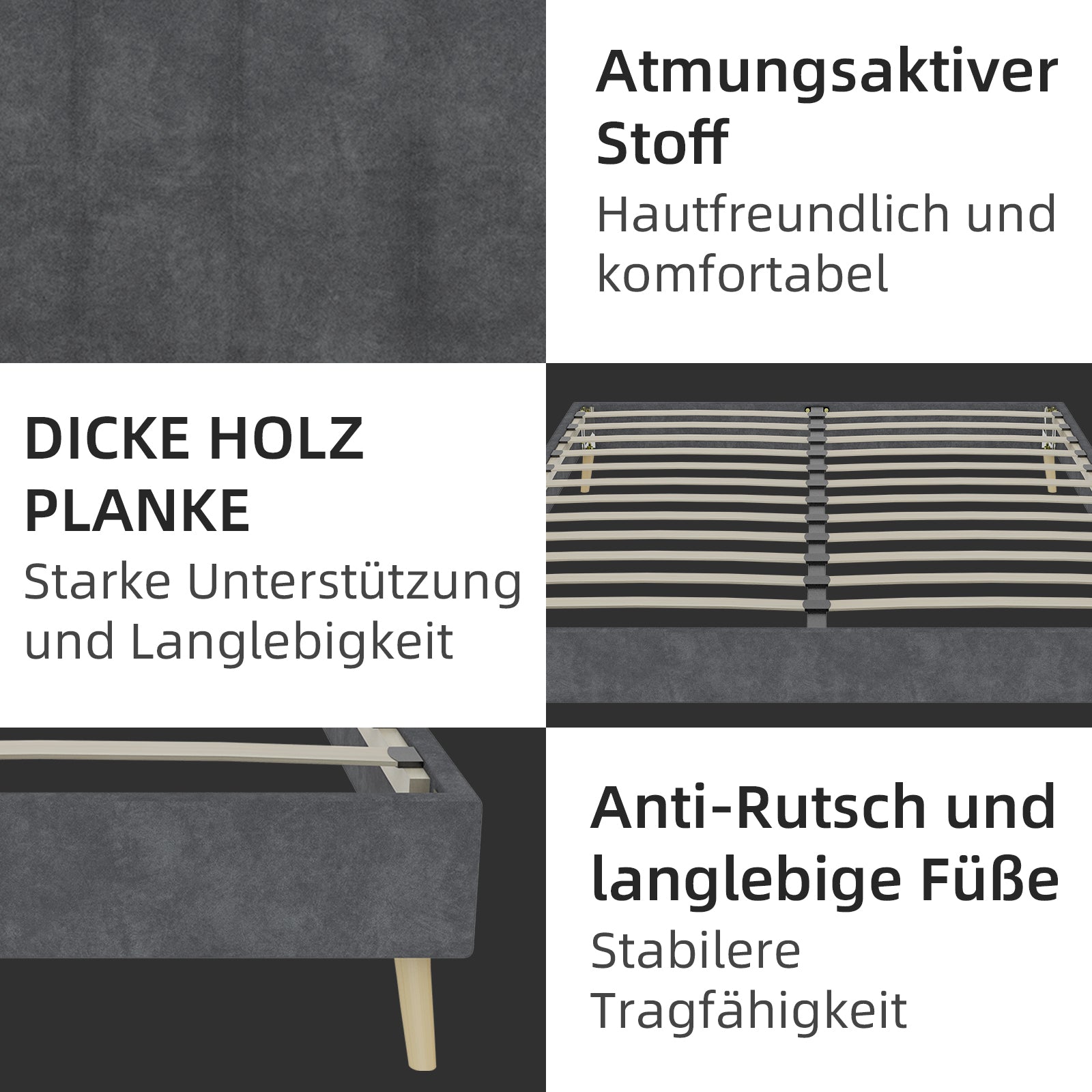 Modern Minimalist Bed Frame, 140x200 cm Low-Profile Base, Grey Dutch Velvet Fabric