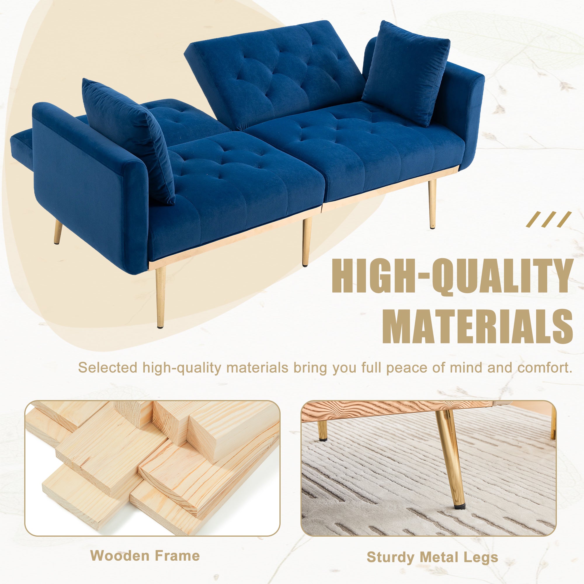 GOMYWAY 2-Seater Sofa Bed, 3-Speed Adjustable Backrest, Velvet Upholstery Navy