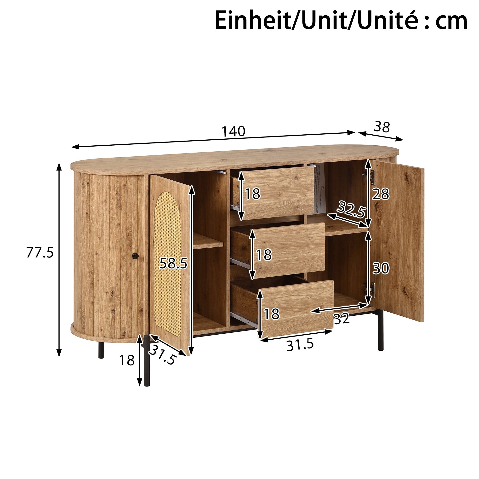 Oval Sideboard with Rattan Sliding Doors and Drawers, Adjustable Compartments and Metal Legs, Wood Look