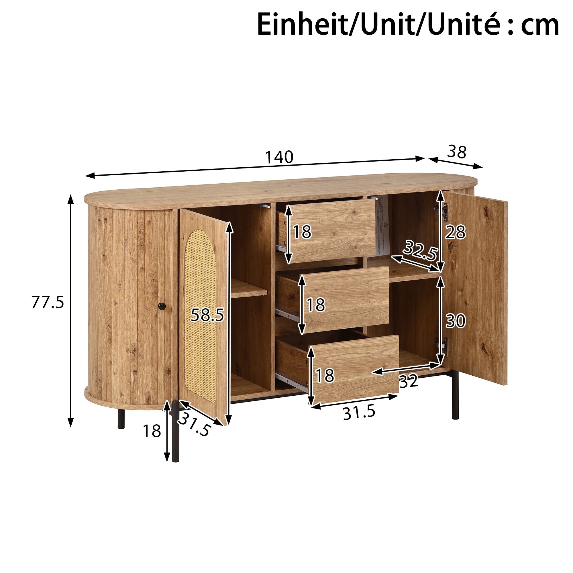 Oval Sideboard with Rattan Sliding Doors and Drawers, Adjustable Compartments and Metal Legs, Wood Look