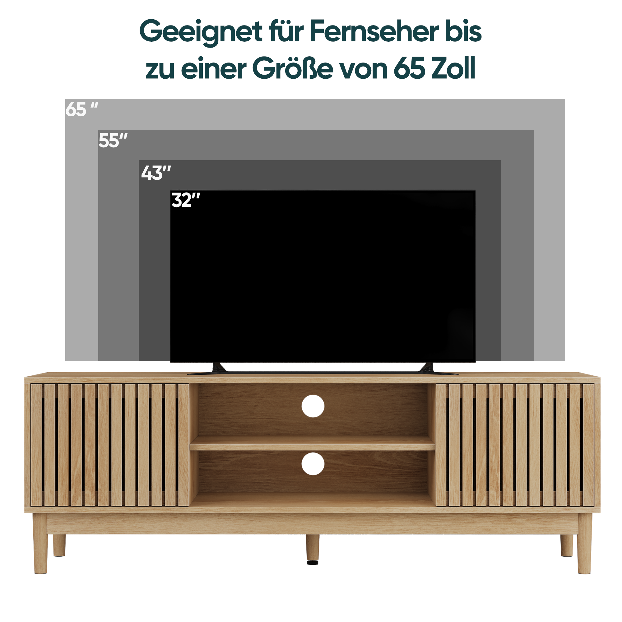 Mid-Century Modern TV Stand for 55/65 Inch TVs with Storage, 140cm High Media Console, Oak Color