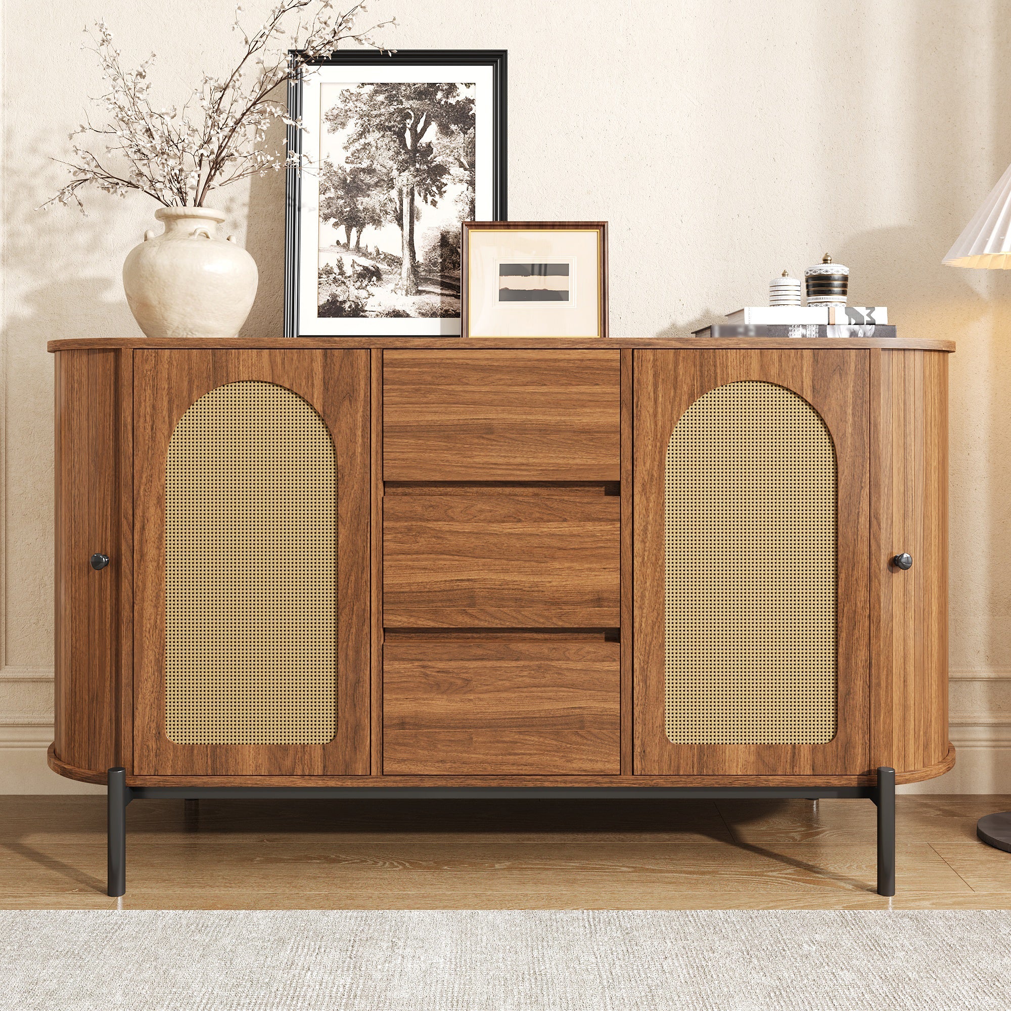 Oval Sideboard with Rattan Sliding Doors and Drawers, Wood Look and Metal
