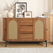 Oval Sideboard with Rattan Sliding Doors and Drawers, Wood Look and Metal
