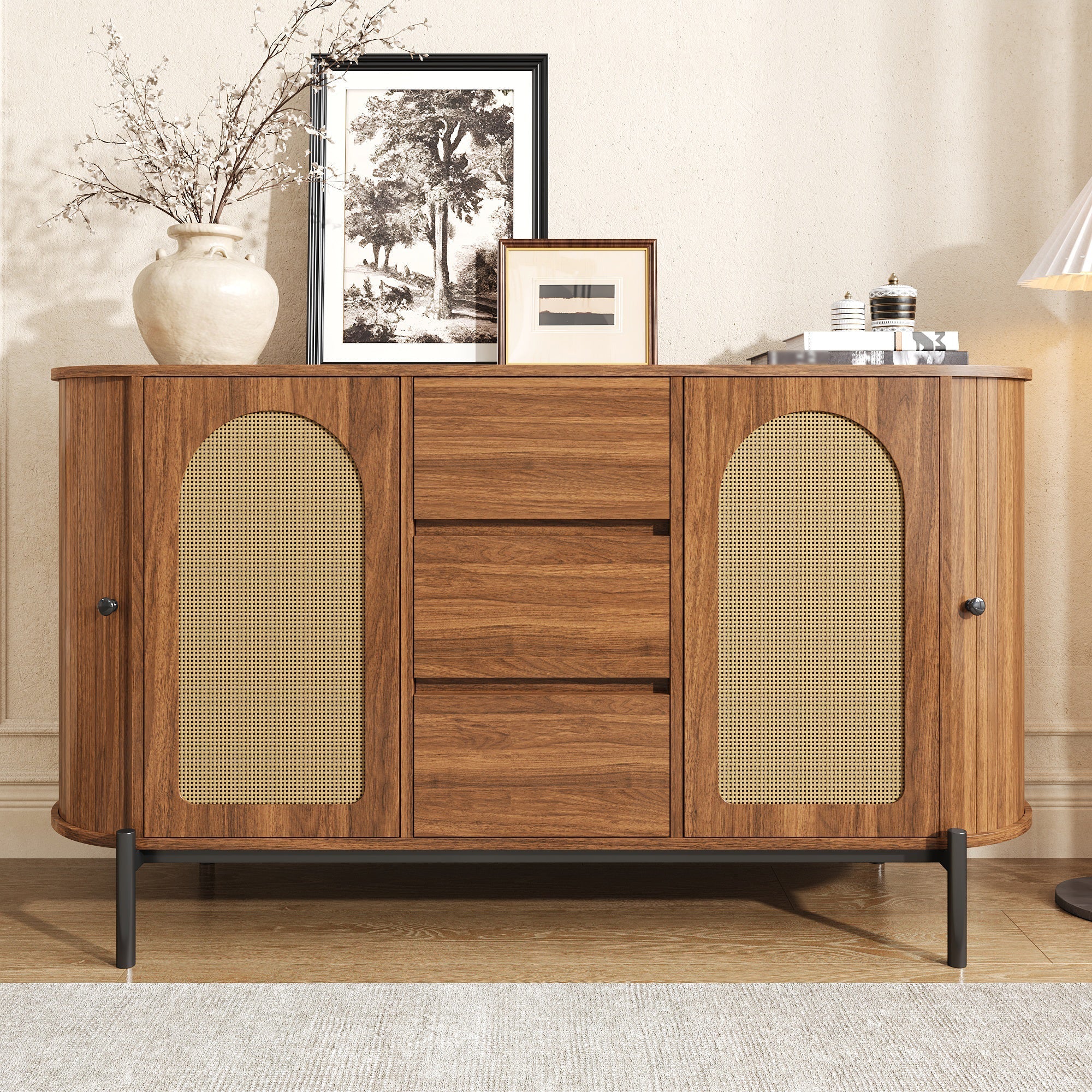 Oval Sideboard with Rattan Sliding Doors and Drawers, Wood Look and Metal