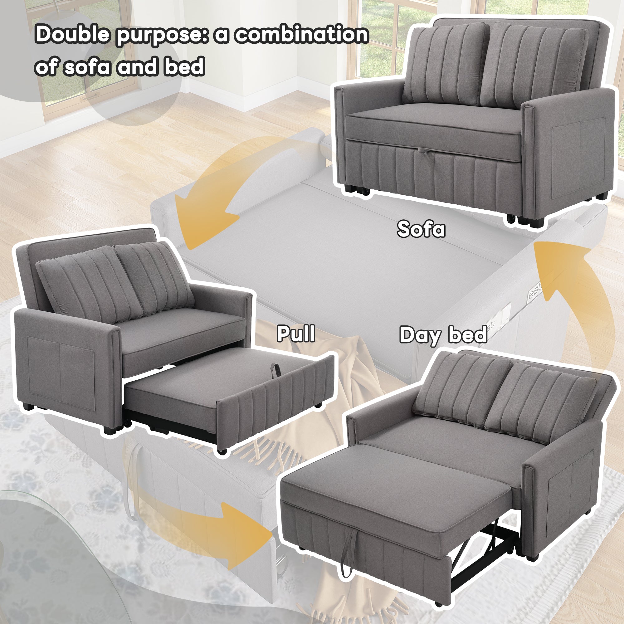 Multifunctional Folding Sofa Bed, Adjustable Backrest 180 x 127 cm, Dark Gray Linen Fabric