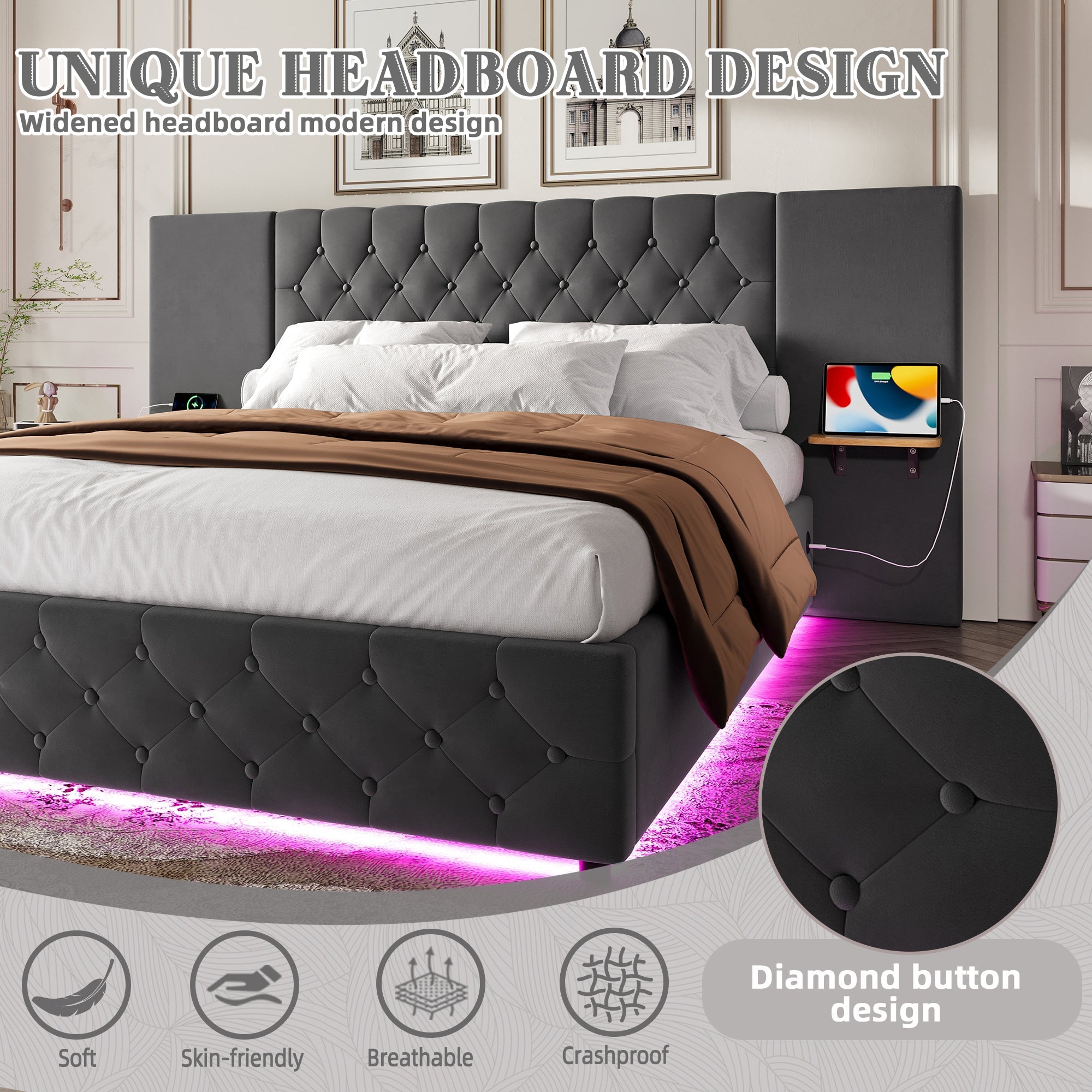 Modern Bed Frame 150x200cm, Wide Headboard, LED, USB-C Ports, Hydraulic Storage, Gray