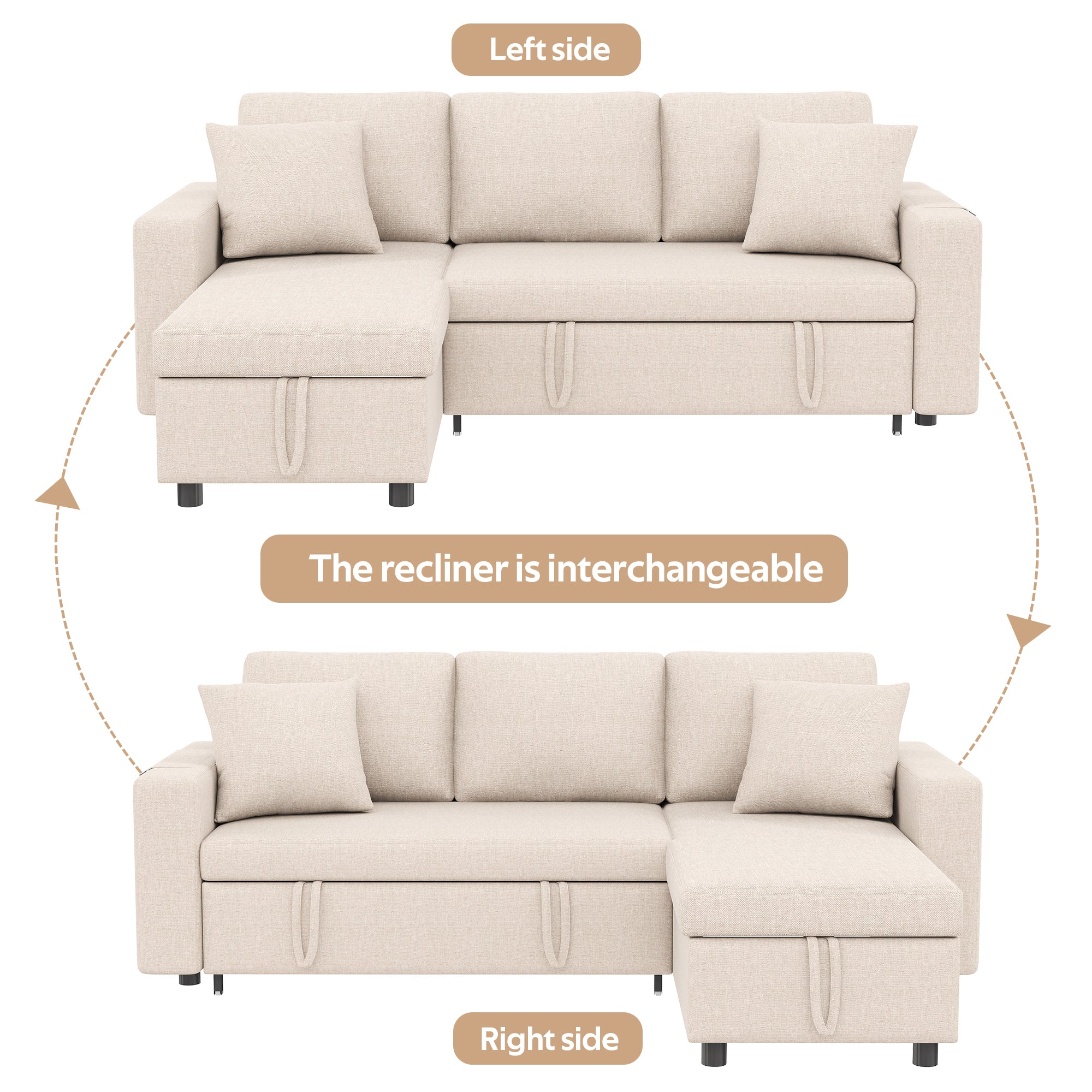 Sofa Bed L-Shaped Chaise Storage Reversible Beige