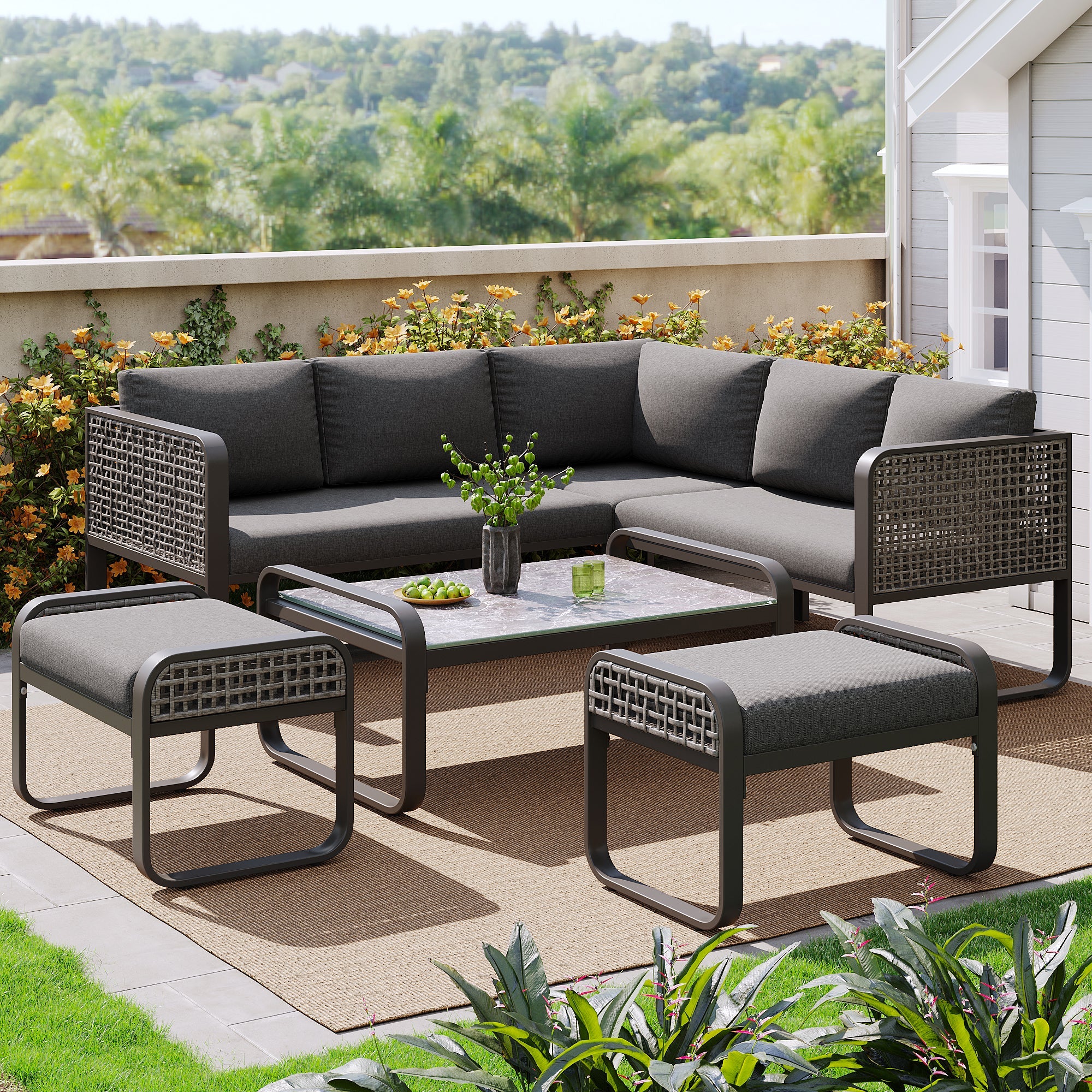 Outdoor Garden Lounge Set, 6-7 People Corner Sofa with Adjustable Legs, Grey Rattan